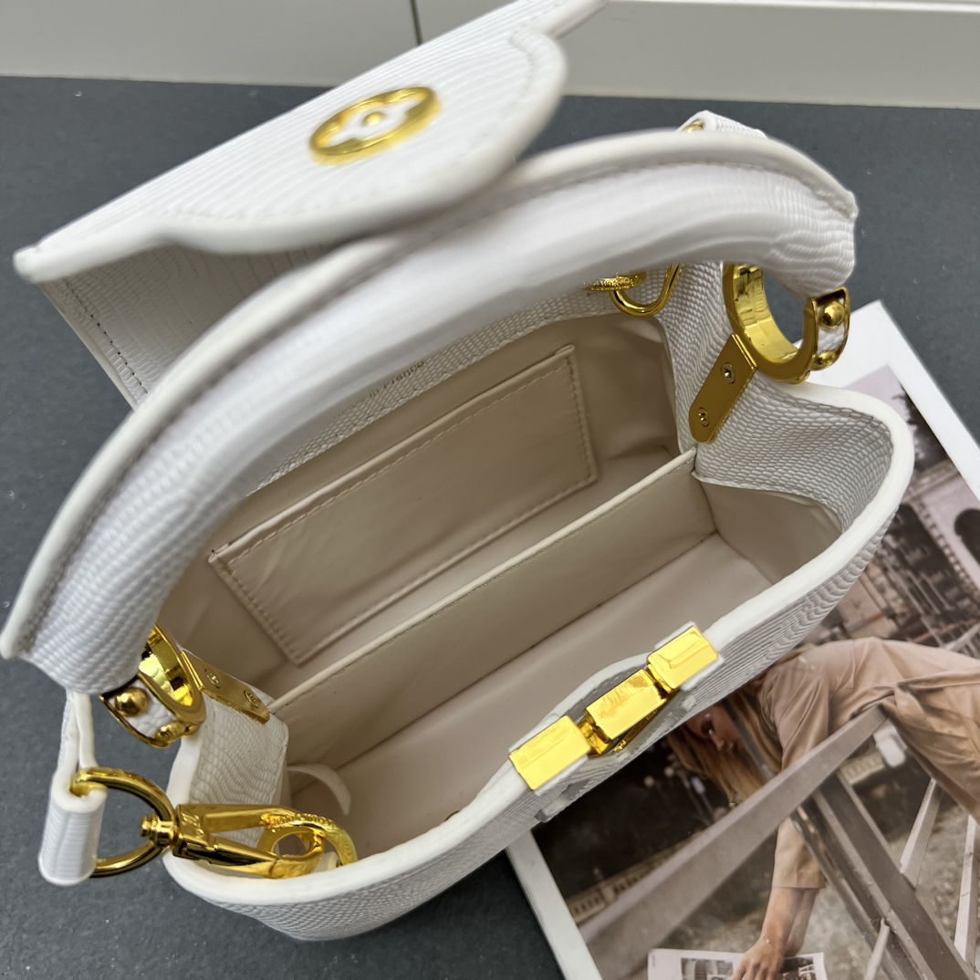 LV高仿Capucines Mini白色蜥蜴紋皮革手提包金屬V字鎖扣優雅斜挎包｜歐美奢侈品精品推薦