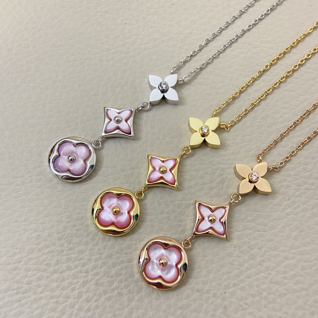 LV高仿Monogram花卉墜飾項鍊 三色母貝圓花雙墜設計｜歐美奢侈品精品推薦