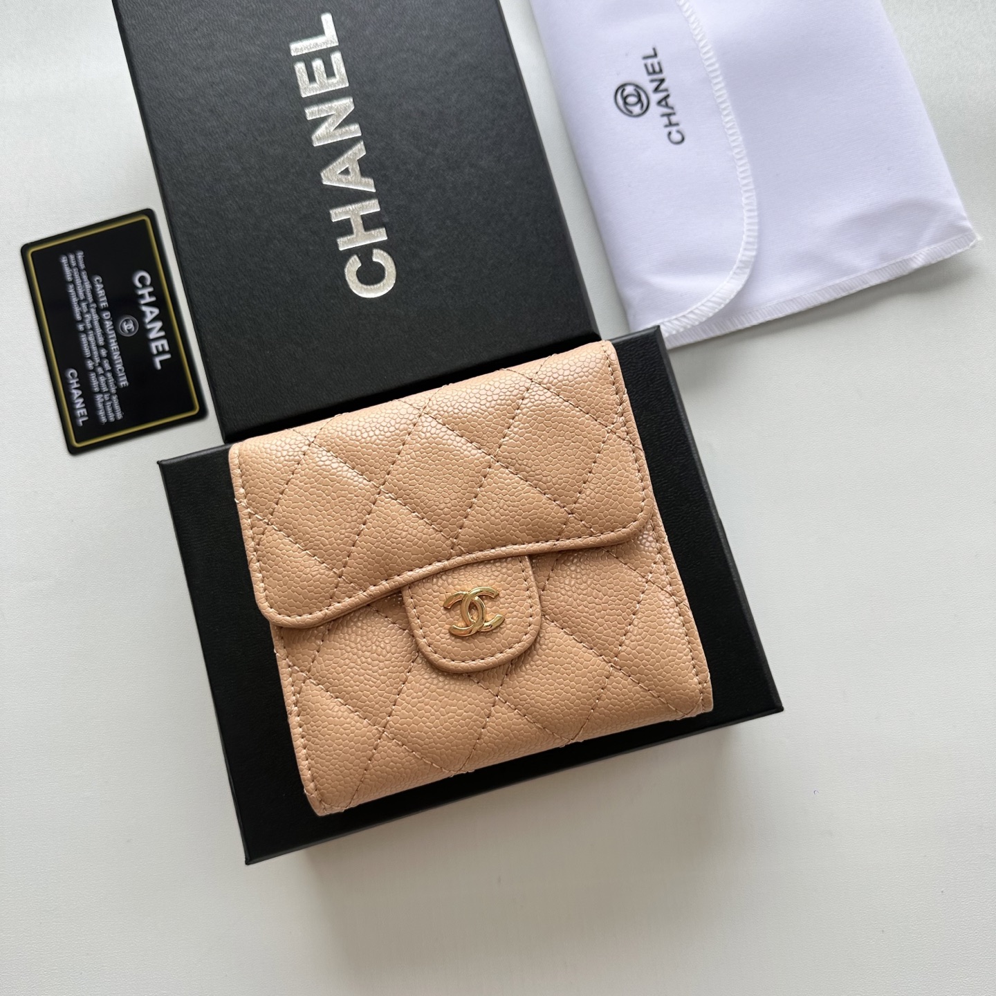 CHANEL A貨三折短夾 卡其膚菱格荔枝皮 小資輕奢百搭首選