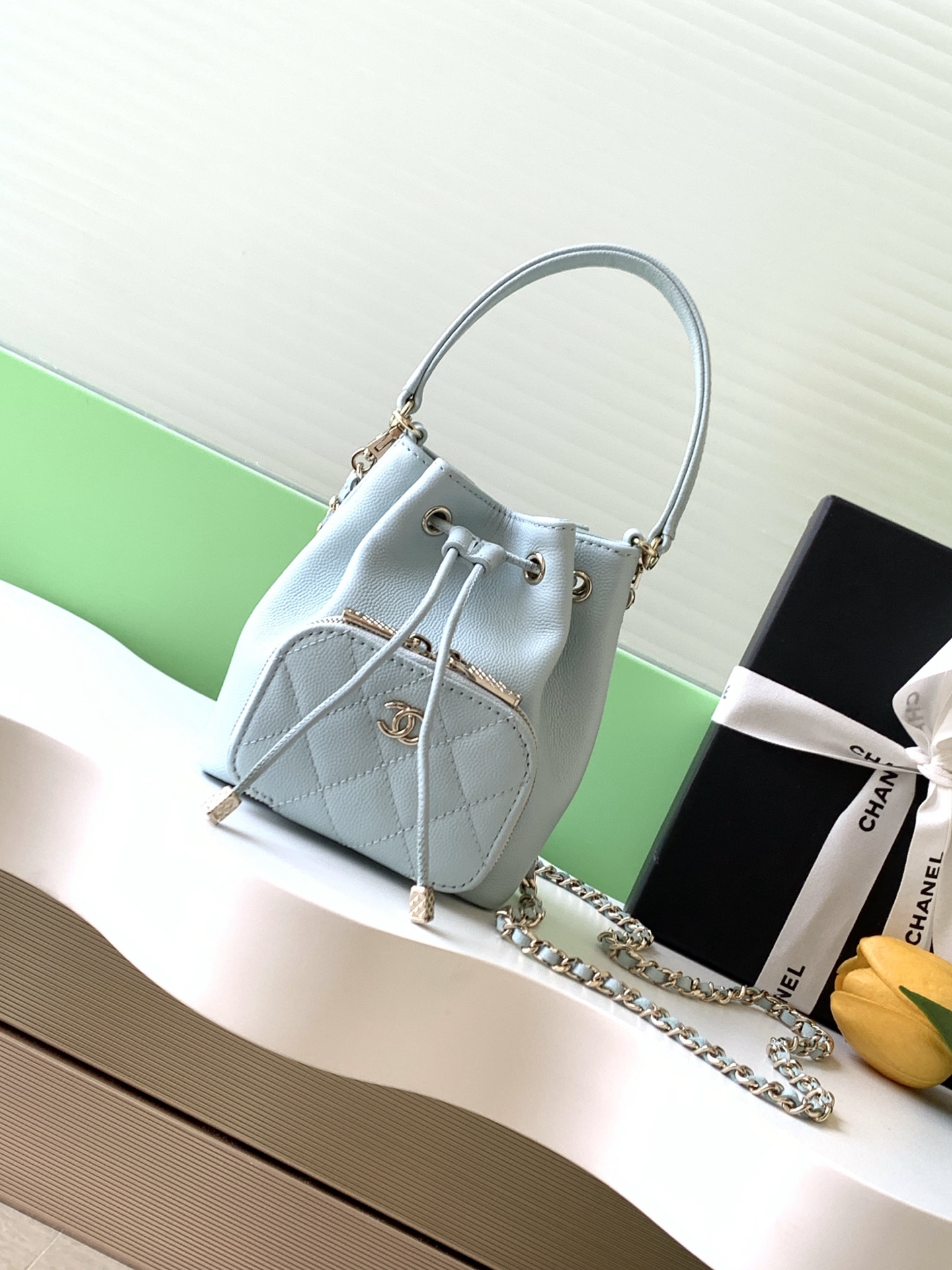 Chanel 一比一女用水桶包 天藍小巧款 鏈條肩背包