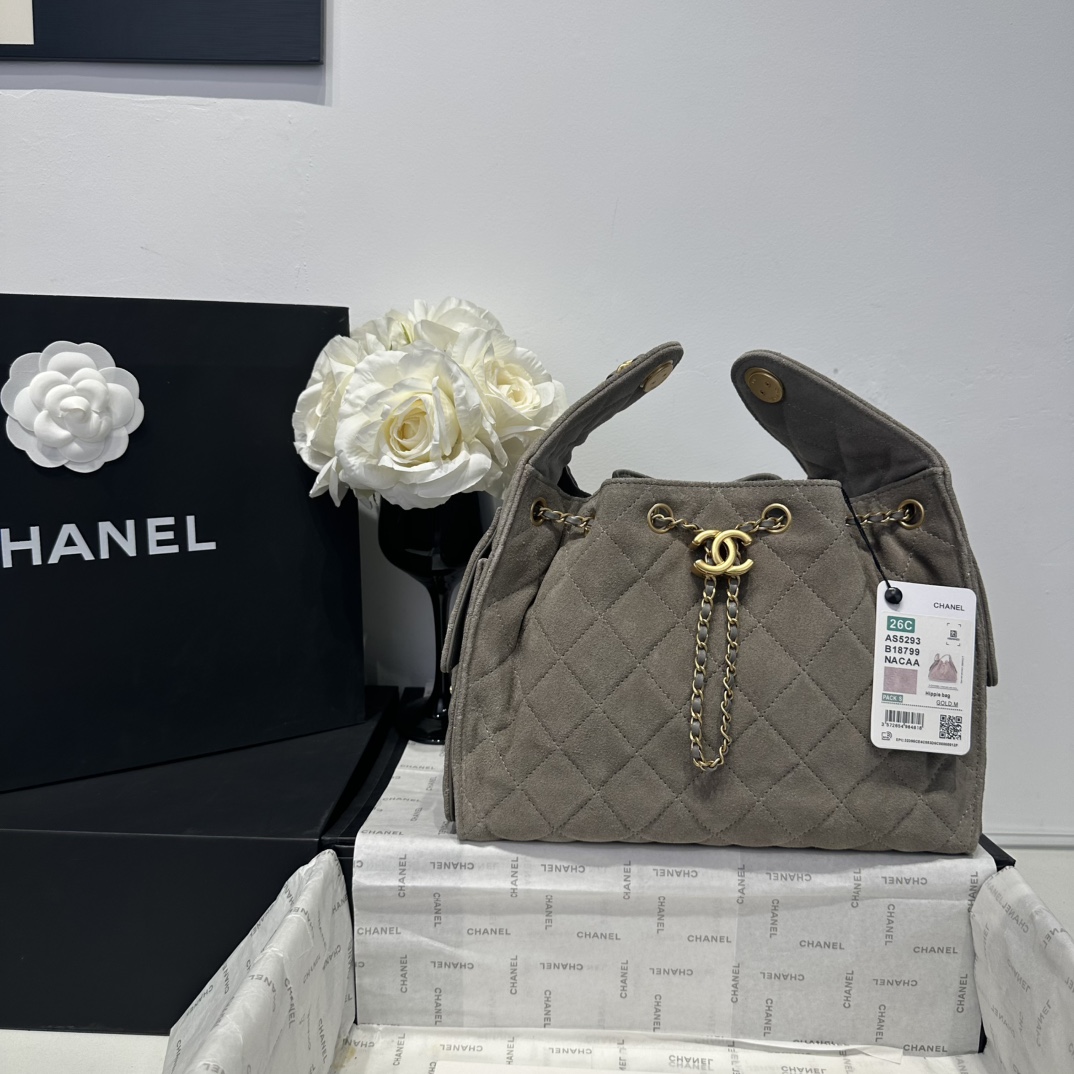 Chanel 高仿水桶包 絨布灰色款 經典金鍊五金設計