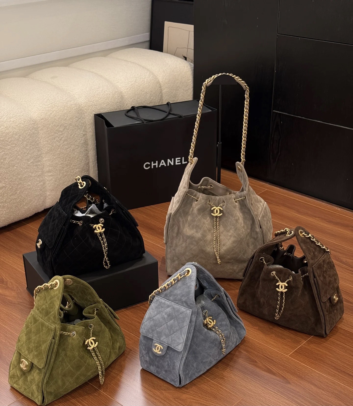 CHANEL 高仿精品 山形絨水桶包 經典金鏈條五色系列