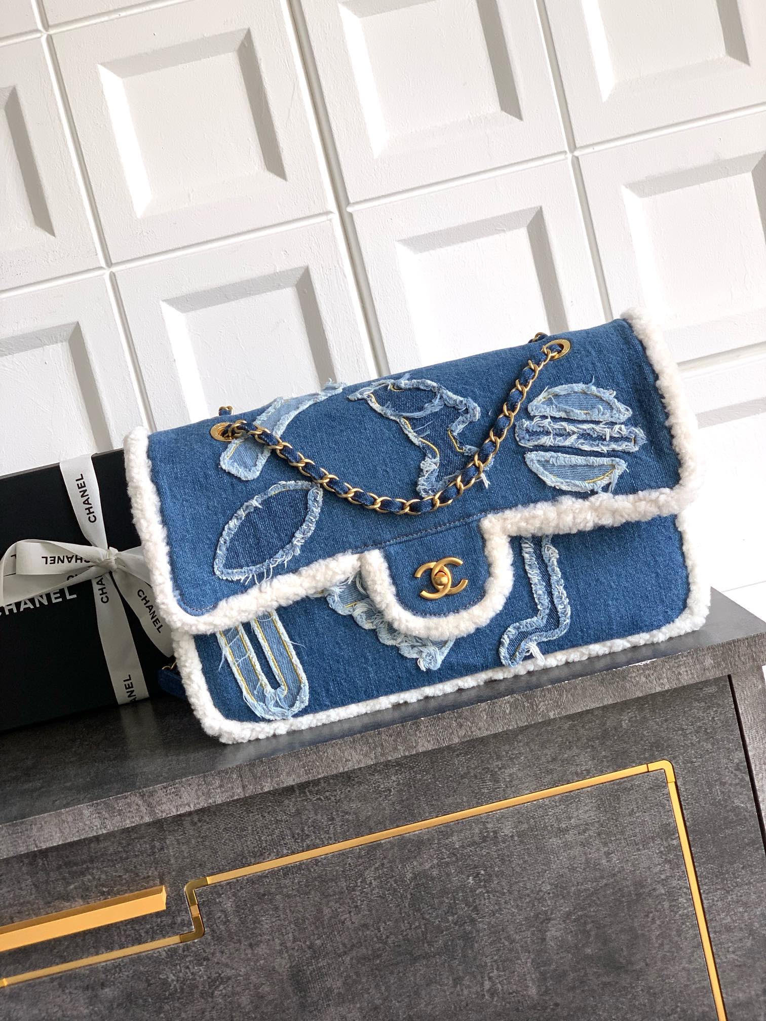 CHANEL 精品復刻 牛仔拼接羊羔絨長翻蓋鏈條包 冬季限定款