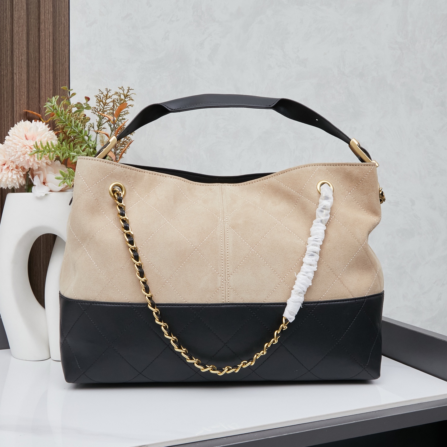 Chanel 高仿菱格拼接托特包 女士鏈條手提包 2025米色質感百搭款