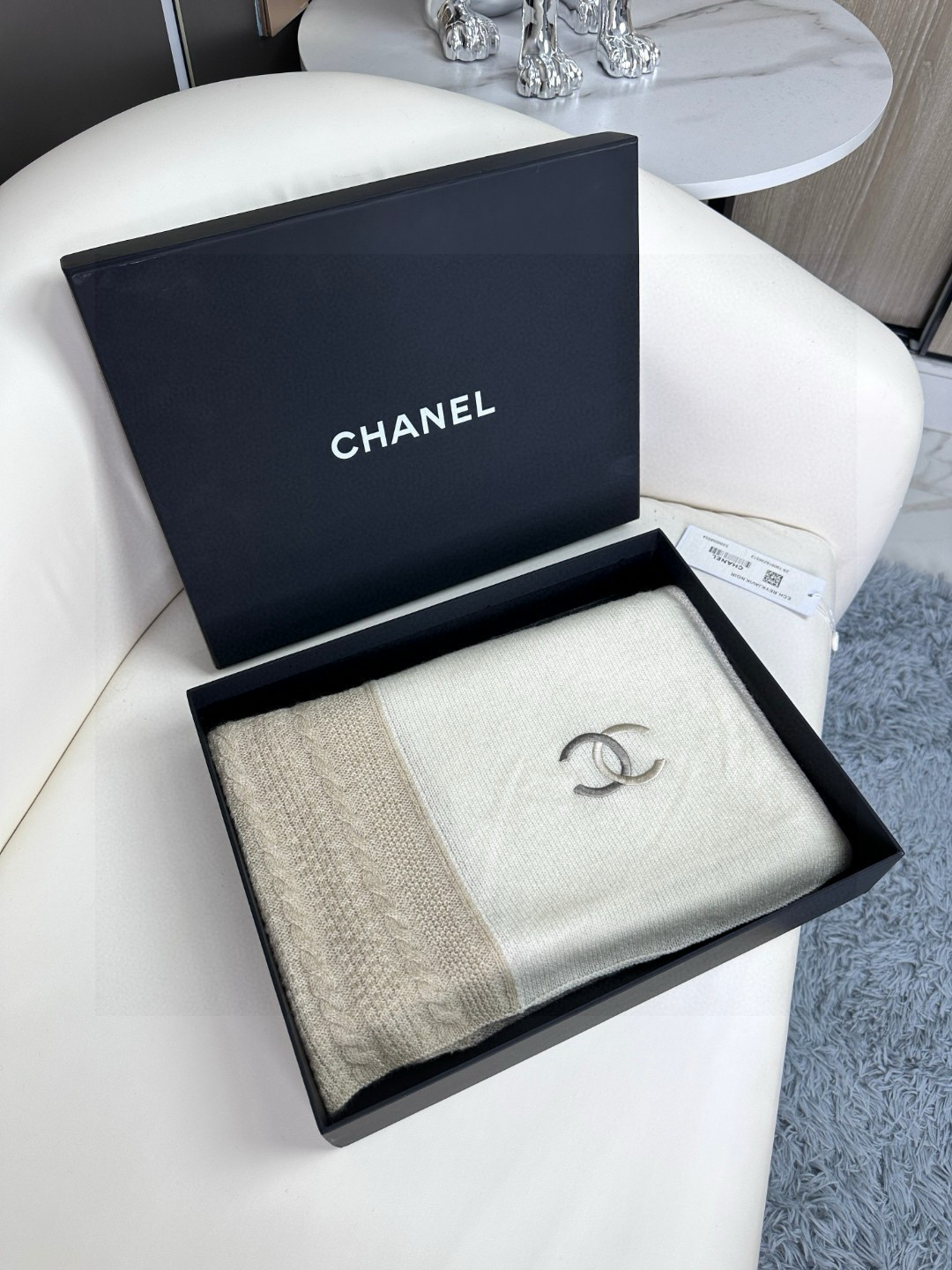Chanel 高仿拼色針織圍巾 奶茶色系柔暖百搭 2025秋冬新品