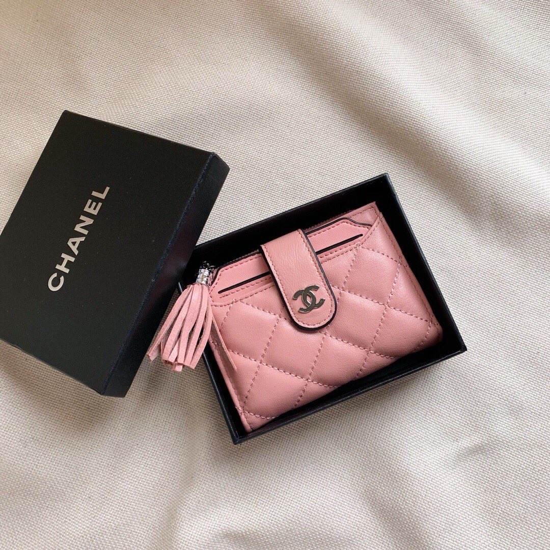 Chanel A貨女士卡包粉色流蘇拉鍊款 可愛與機能兼具
