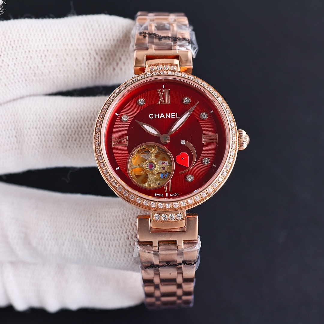 CHANEL Première紅盤原單手錶 鑲鑽鏤空自動女錶|超A仿原單精品圖片 2 CHANEL Première紅盤原單手錶 鑲鑽鏤空自動女錶|歐美奢侈品精品推薦