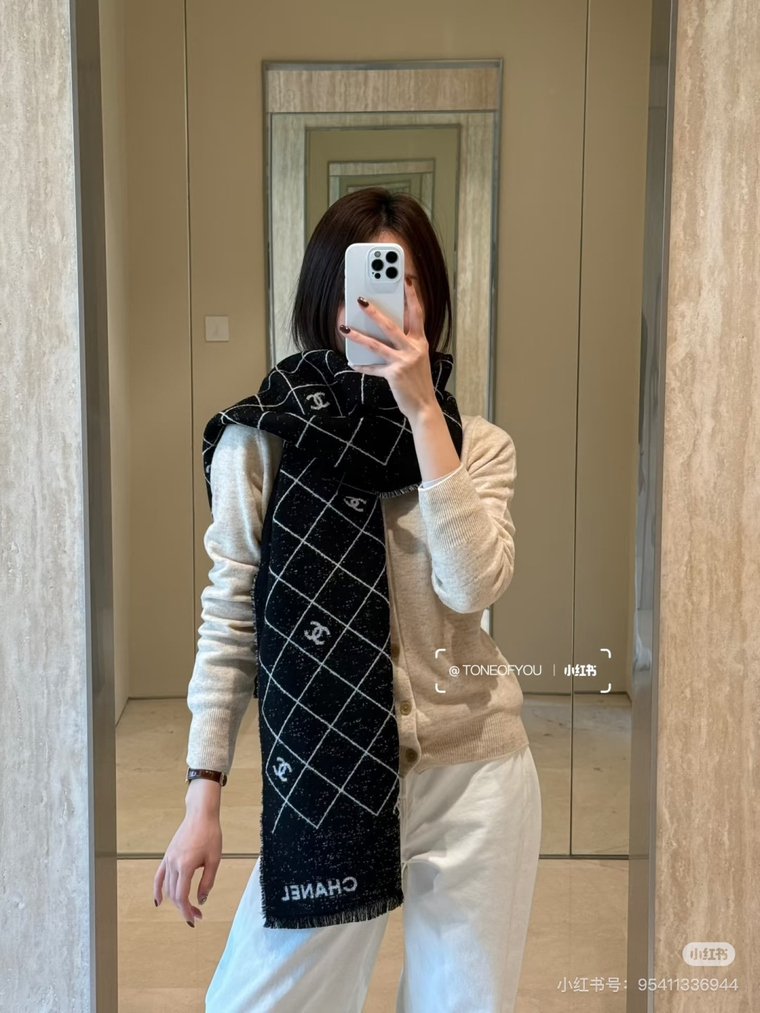 Chanel一比一菱格紋針織圍巾黑白雙C刺繡經典百搭款｜歐美奢侈品精品推薦