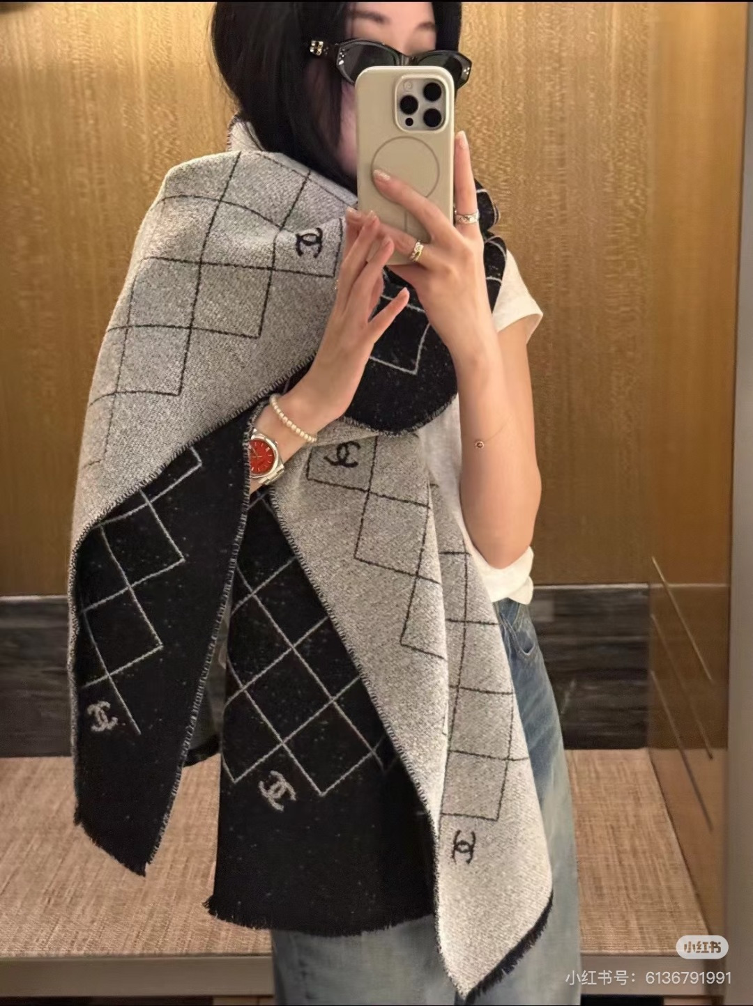 Chanel一比一菱格紋針織圍巾黑白雙C刺繡經典百搭款｜歐美奢侈品精品推薦