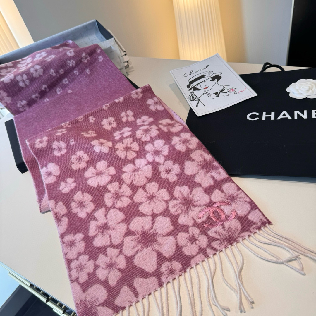 Chanel一比一圍巾紫紅漸層花朵雙C刺繡羊毛混紡秋冬款｜歐美奢侈品精品推薦