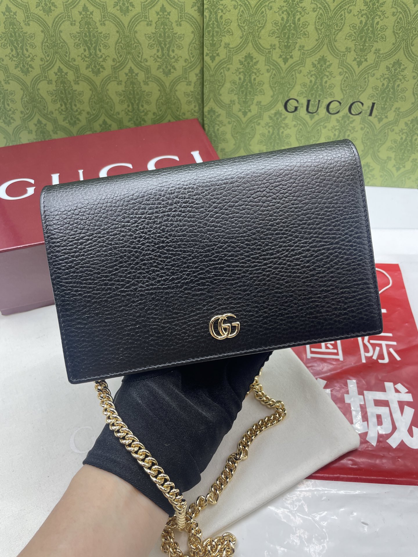 GUCCI 高仿GG Marmont 黑色荔枝皮鏈條包 氣質百搭單肩款｜歐美奢侈品精品推薦