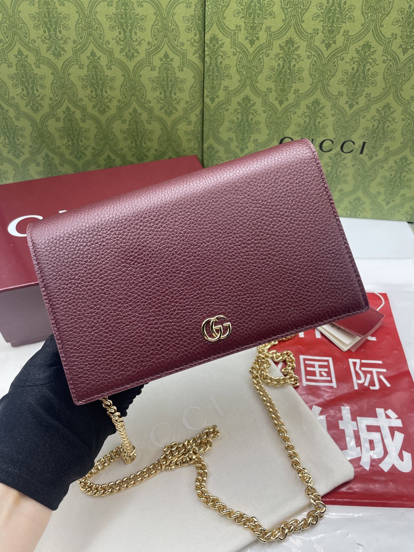 GUCCI 原單GG Marmont 酒紅色荔枝皮鏈條包 復古魅力｜歐美奢侈品精品推薦