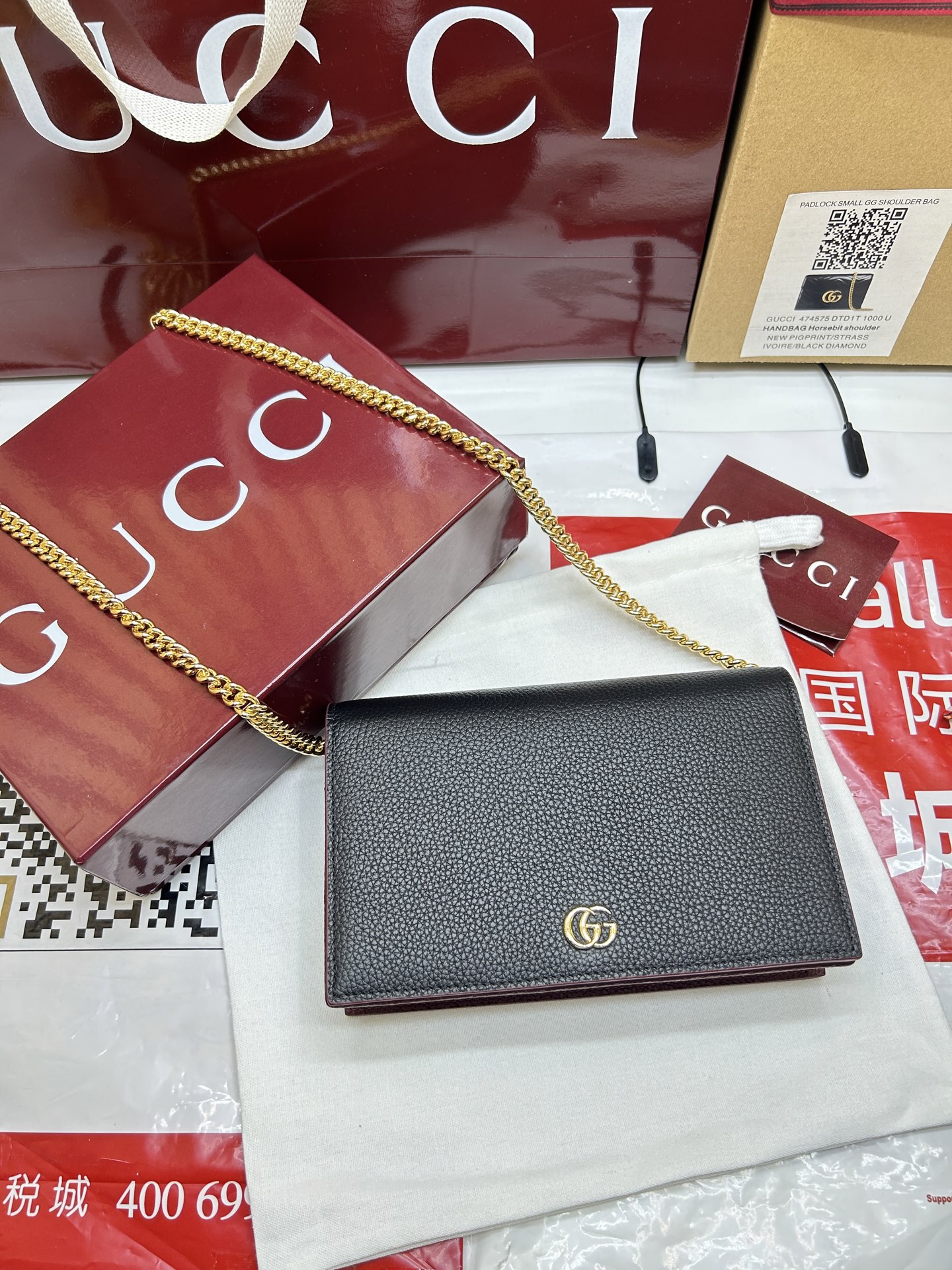 GUCCI A貨GG Marmont 黑紅拼色鏈條包 經典雙G設計