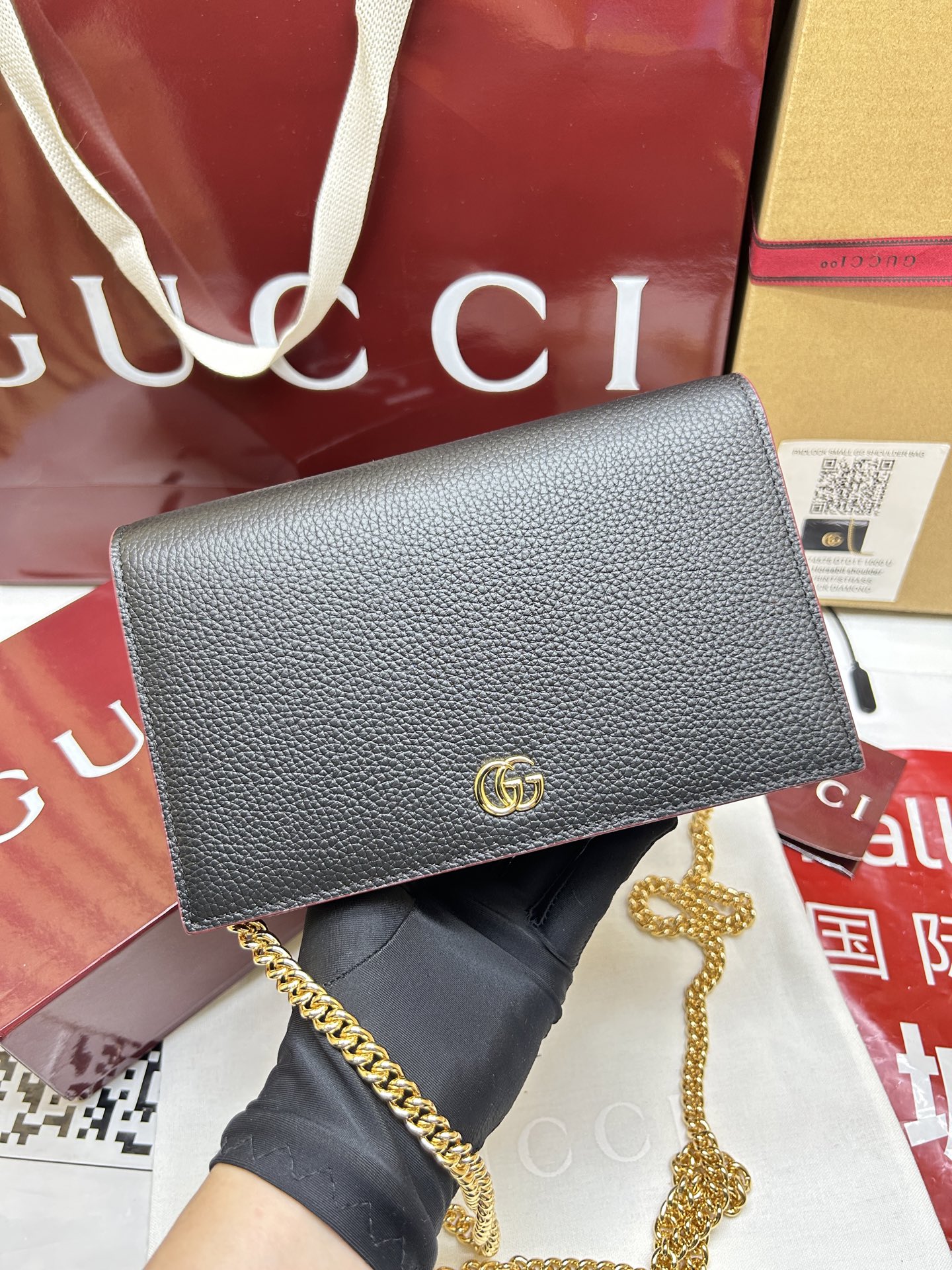 GUCCI A貨GG Marmont 黑紅拼色鏈條包 經典雙G設計｜歐美奢侈品精品推薦