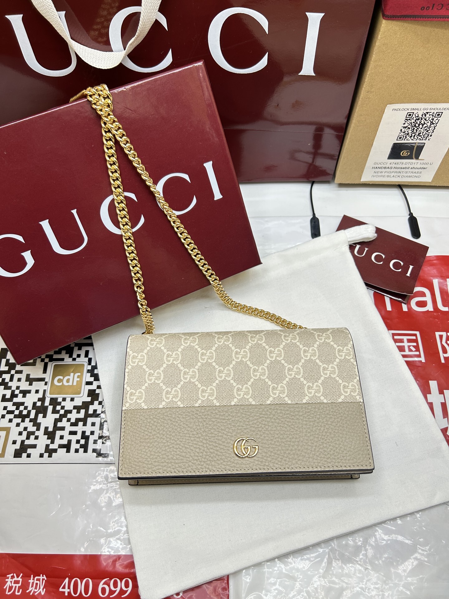 GUCCI 一比一GG Marmont 米白老花拼皮鏈條包 品味出眾