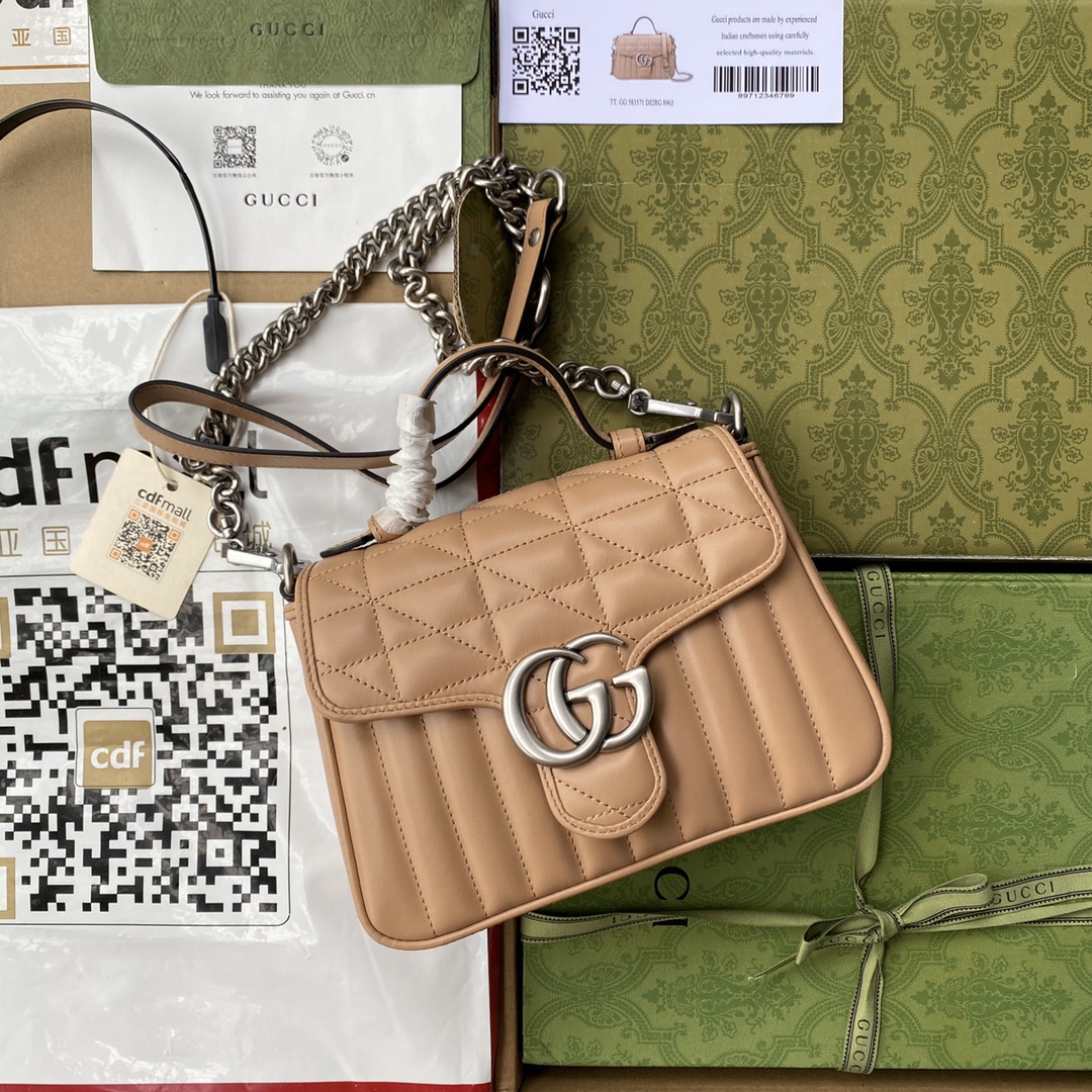 GUCCI 高仿GG Marmont 焦糖菱格肩背包 銀鍊雙G扣