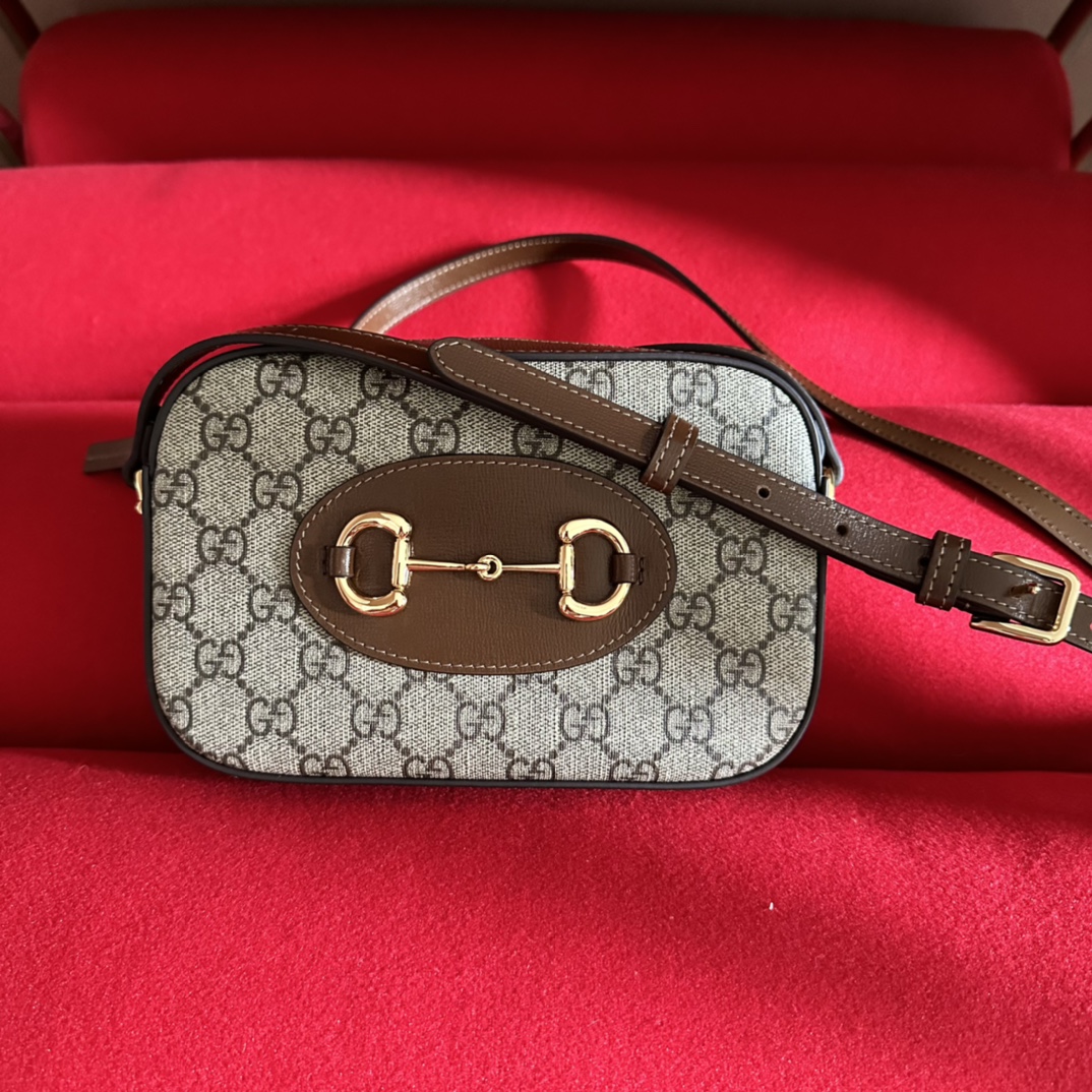 Gucci A貨Horsebit小型斜背包 GG老花橢圓皮革金扣 女士輕便出行款