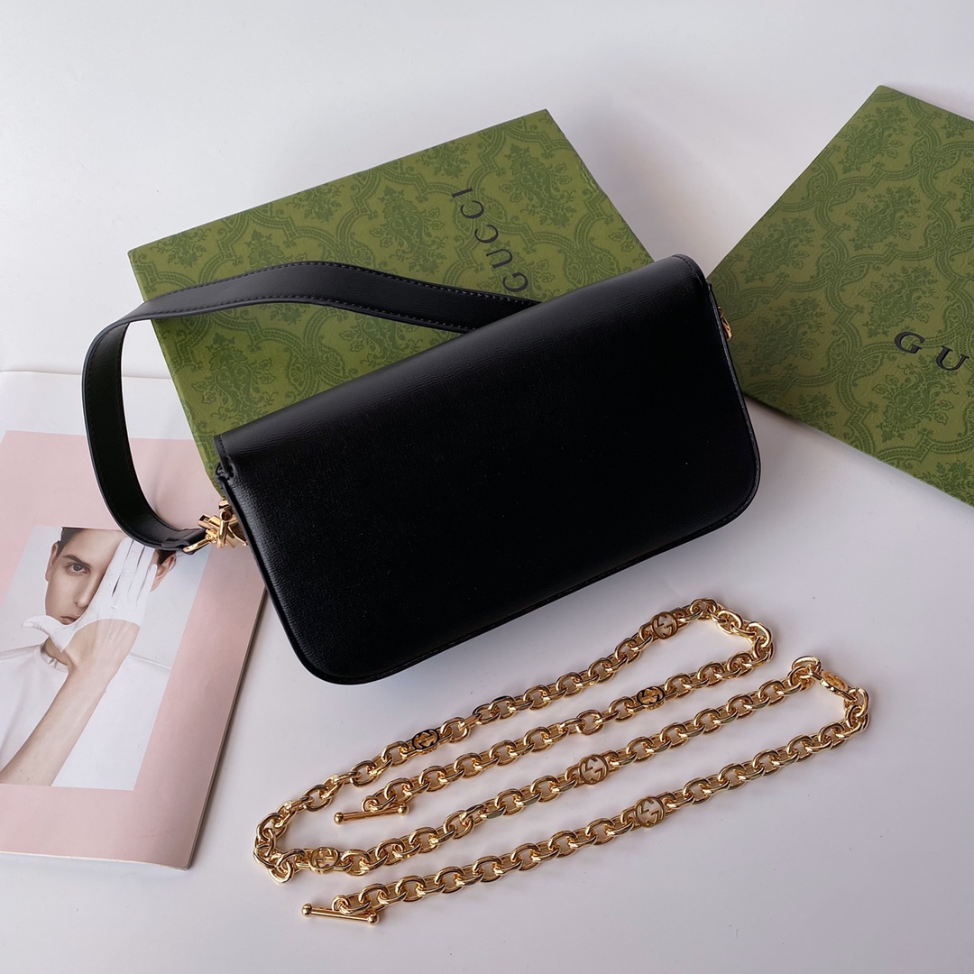 Gucci高仿Horsebit黑色牛皮鏈條包 女士優雅百搭斜背小包推薦｜歐美奢侈品精品推薦