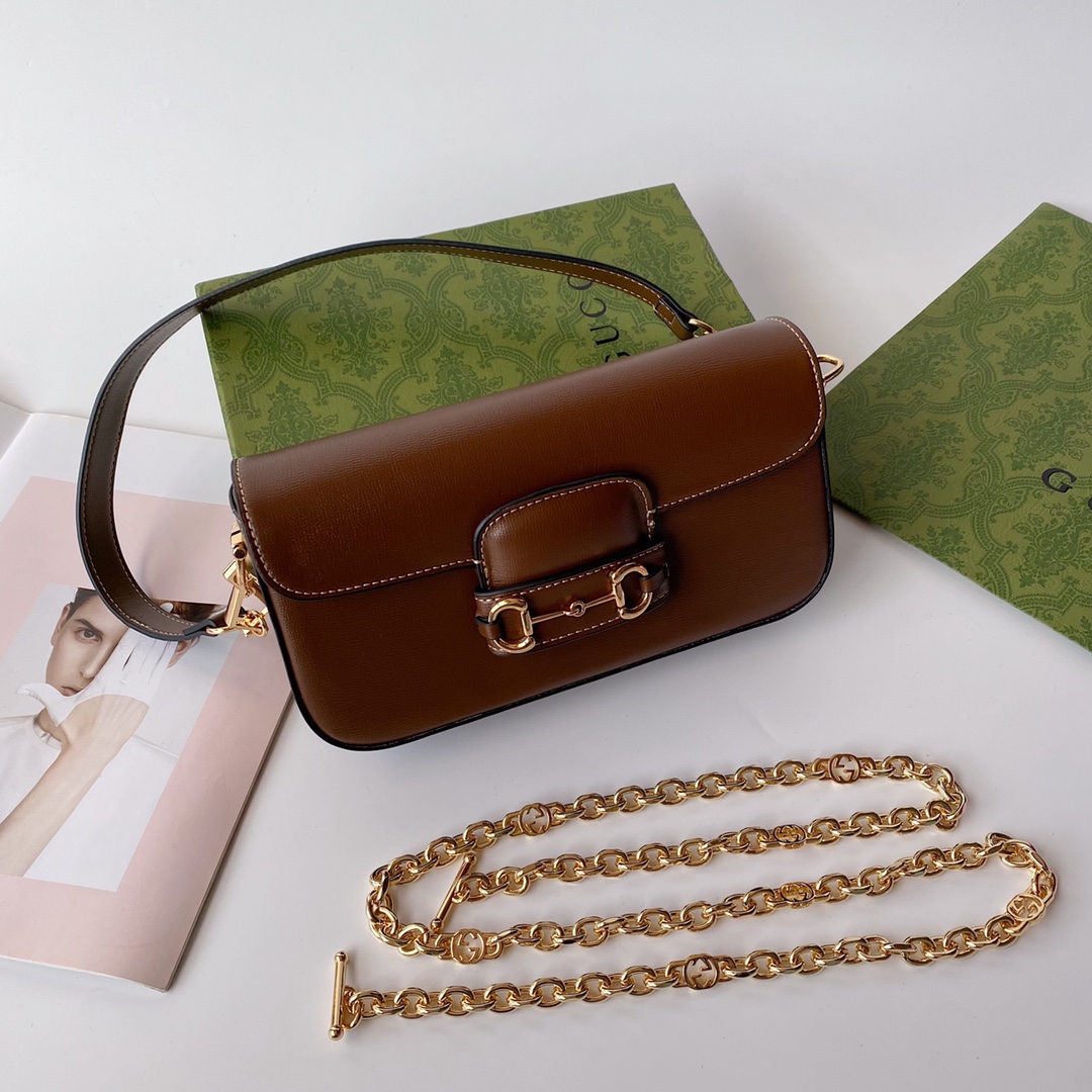 Gucci高仿Horsebit深棕色牛皮鏈條包 女用復古風斜背通勤兩用包