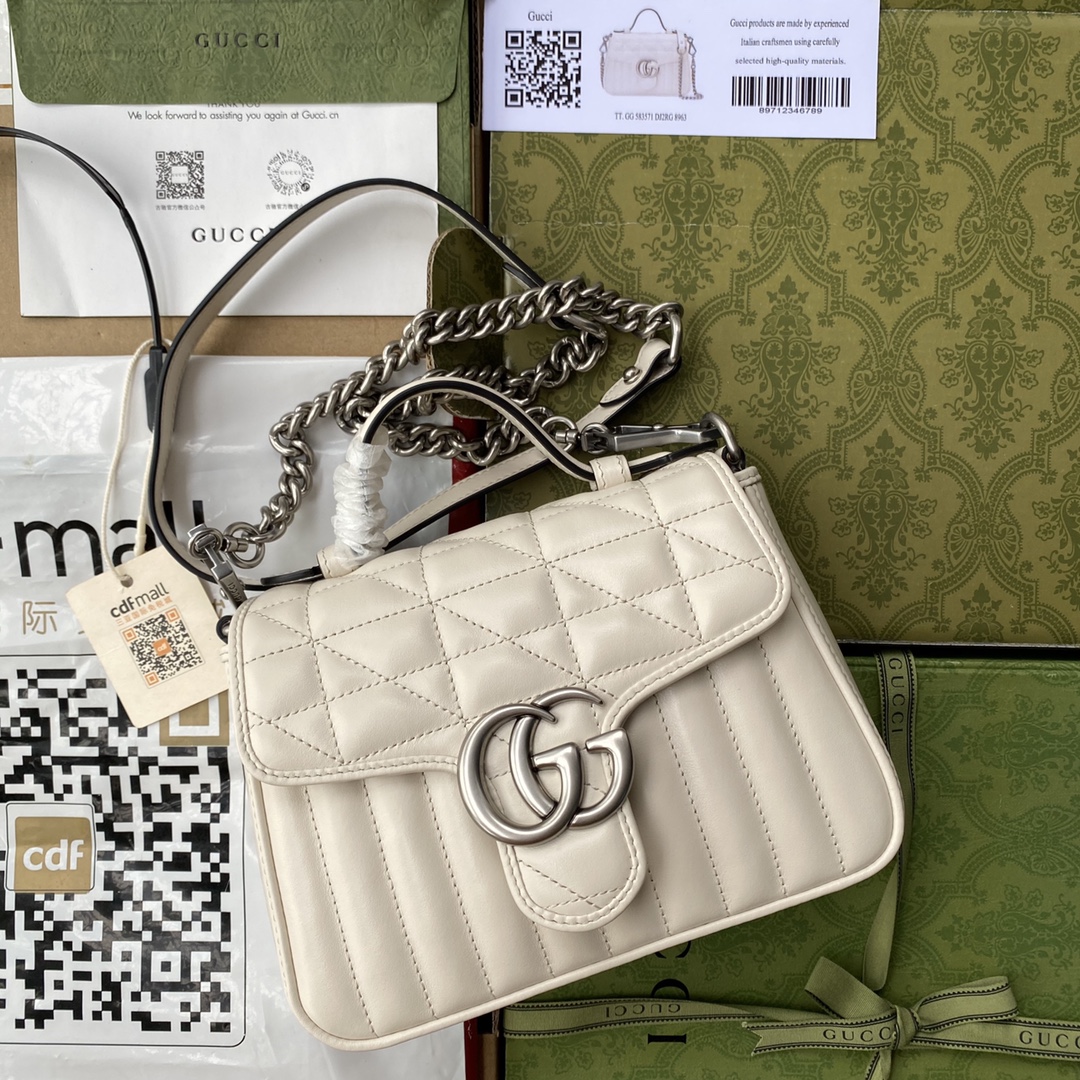 Gucci 高仿女款GG Marmont奶白肩背包 鏈條設計百搭必備