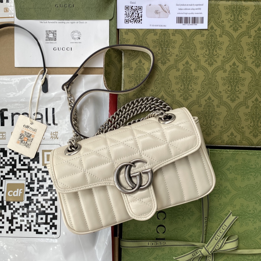 Gucci 高仿奶白GG Marmont小包 雙鍊條設計百搭時尚