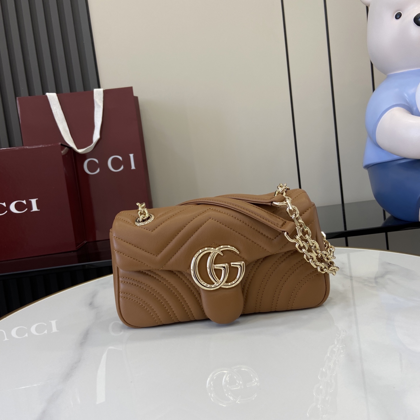 Gucci 一比一GG Marmont焦糖棕小包 女用秋冬鍊帶款