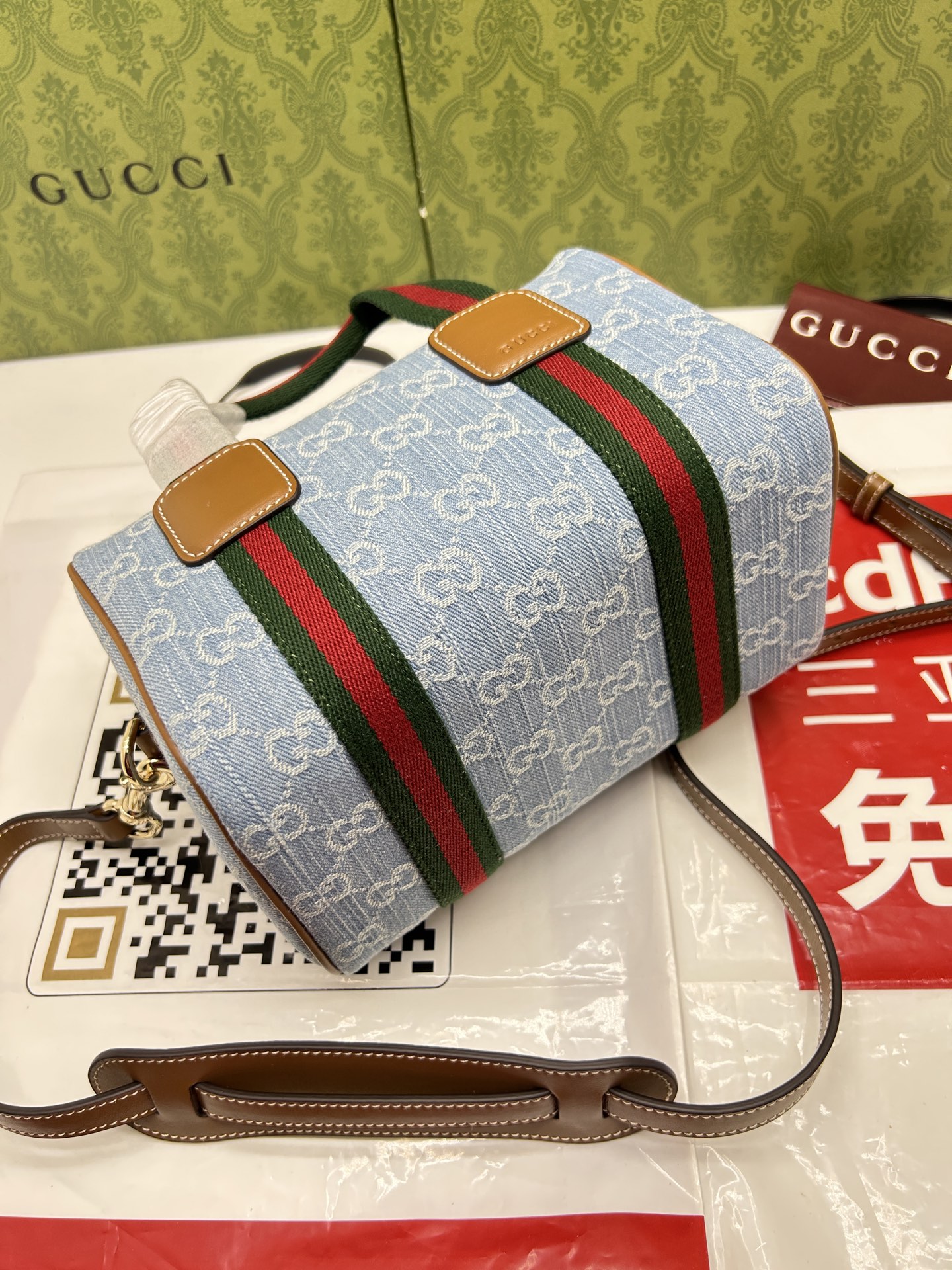 Gucci高仿牛仔藍迷你手提包GG織帶復古斜背兩用｜歐美奢侈品精品推薦