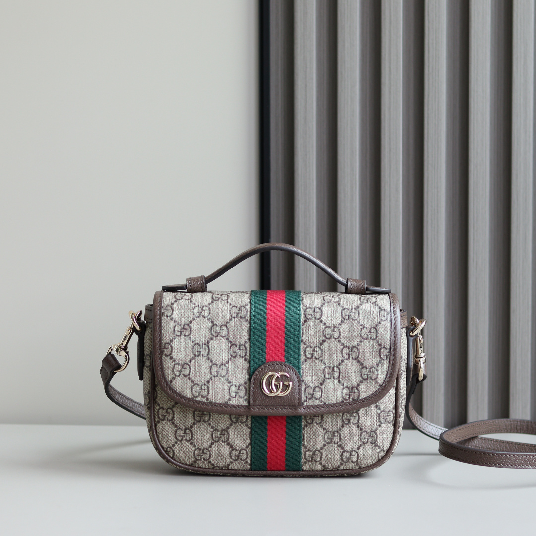 Gucci高仿迷你手提包GG老花復刻紅綠織帶日常斜背兩用