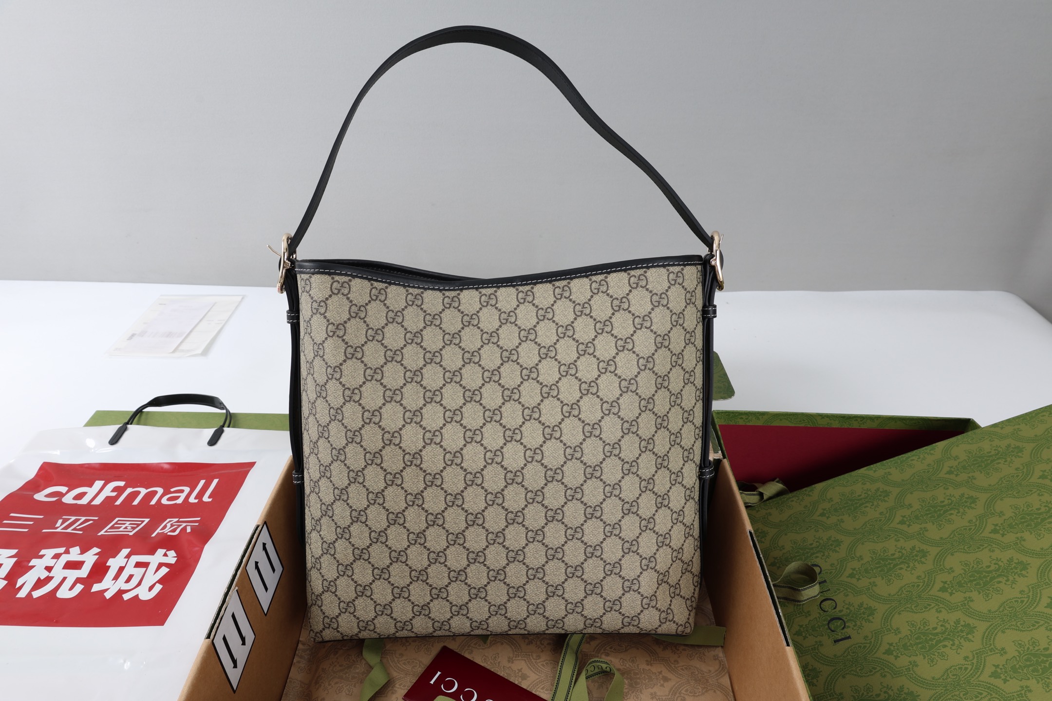 Gucci高仿Ophidia老花單肩包 黑皮滾邊簡約復古女款