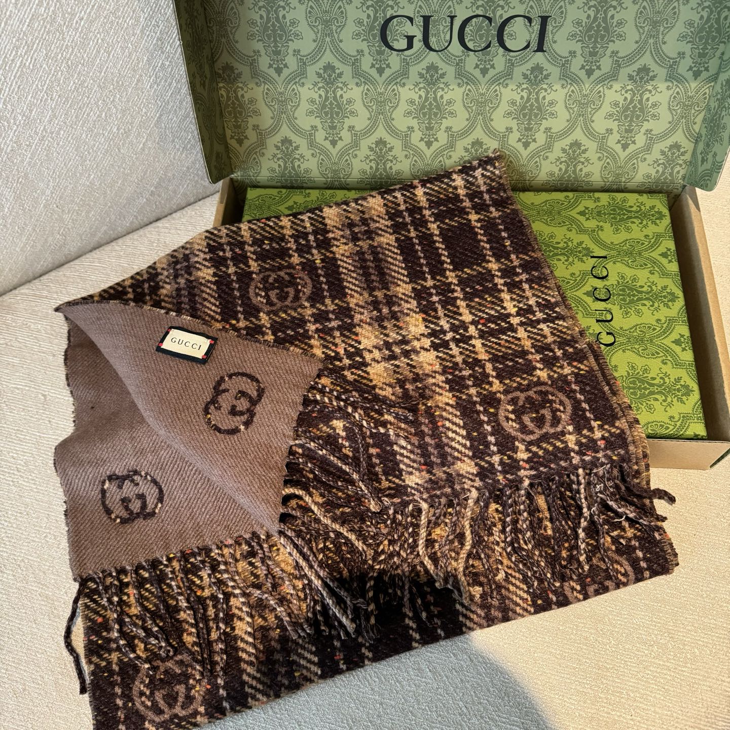 Gucci 高仿經典格紋圍巾 男士復古雙面GG款