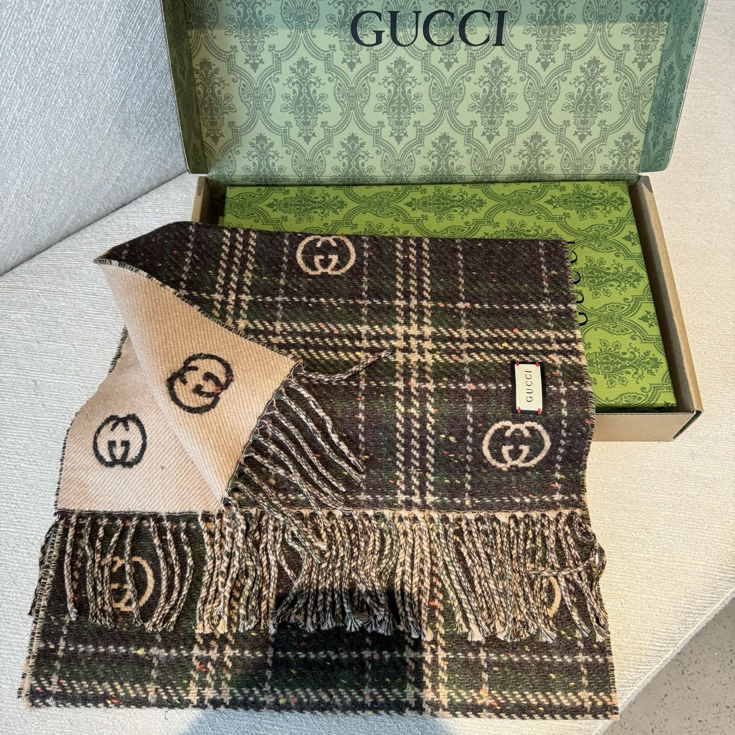 Gucci 一比一格紋圍巾 棕米雙色調百搭復古款