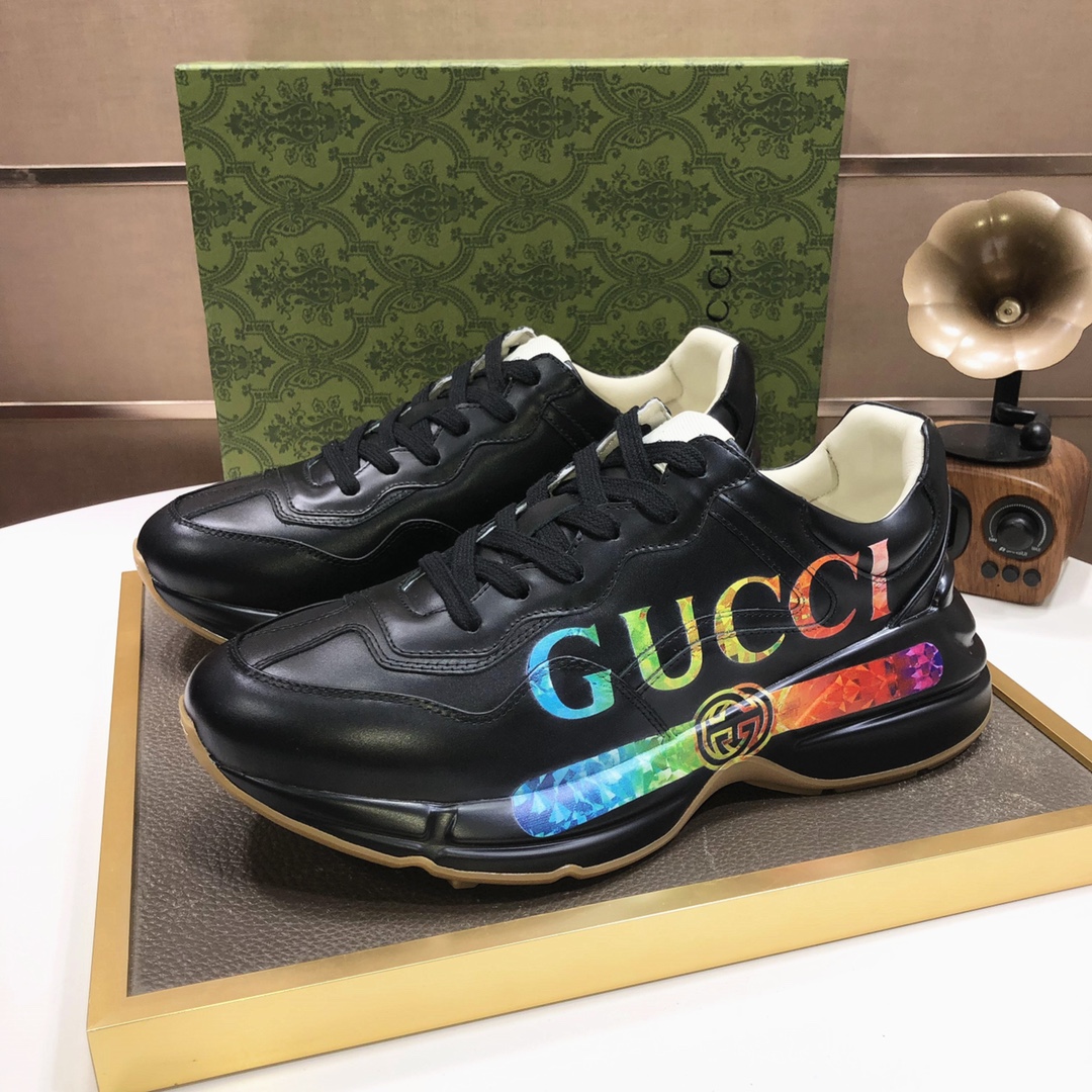 Gucci高仿黑色男款運動鞋 彩虹Logo設計厚底潮流鞋