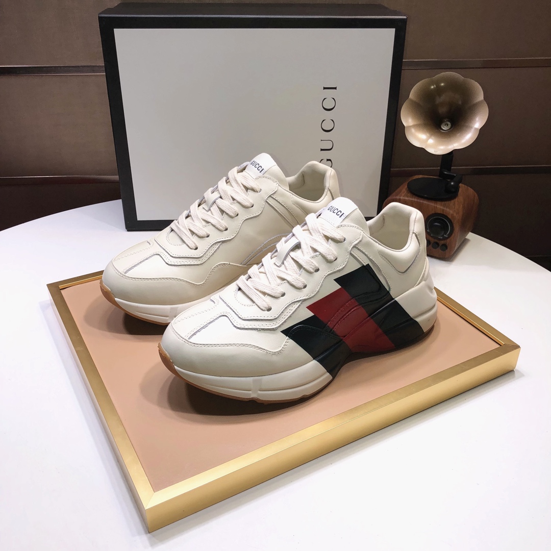 Gucci高仿男鞋 紅綠閃電老爹鞋 奶油白厚底設計經典款