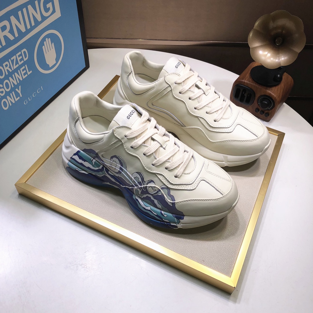 Gucci A貨男鞋 海浪插畫印花奶油底款 街頭藝術潮感設計