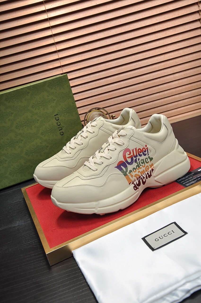 Gucci一比一男鞋 復古文字塗鴉鞋 奶油白厚底藝術潮鞋｜歐美奢侈品精品推薦