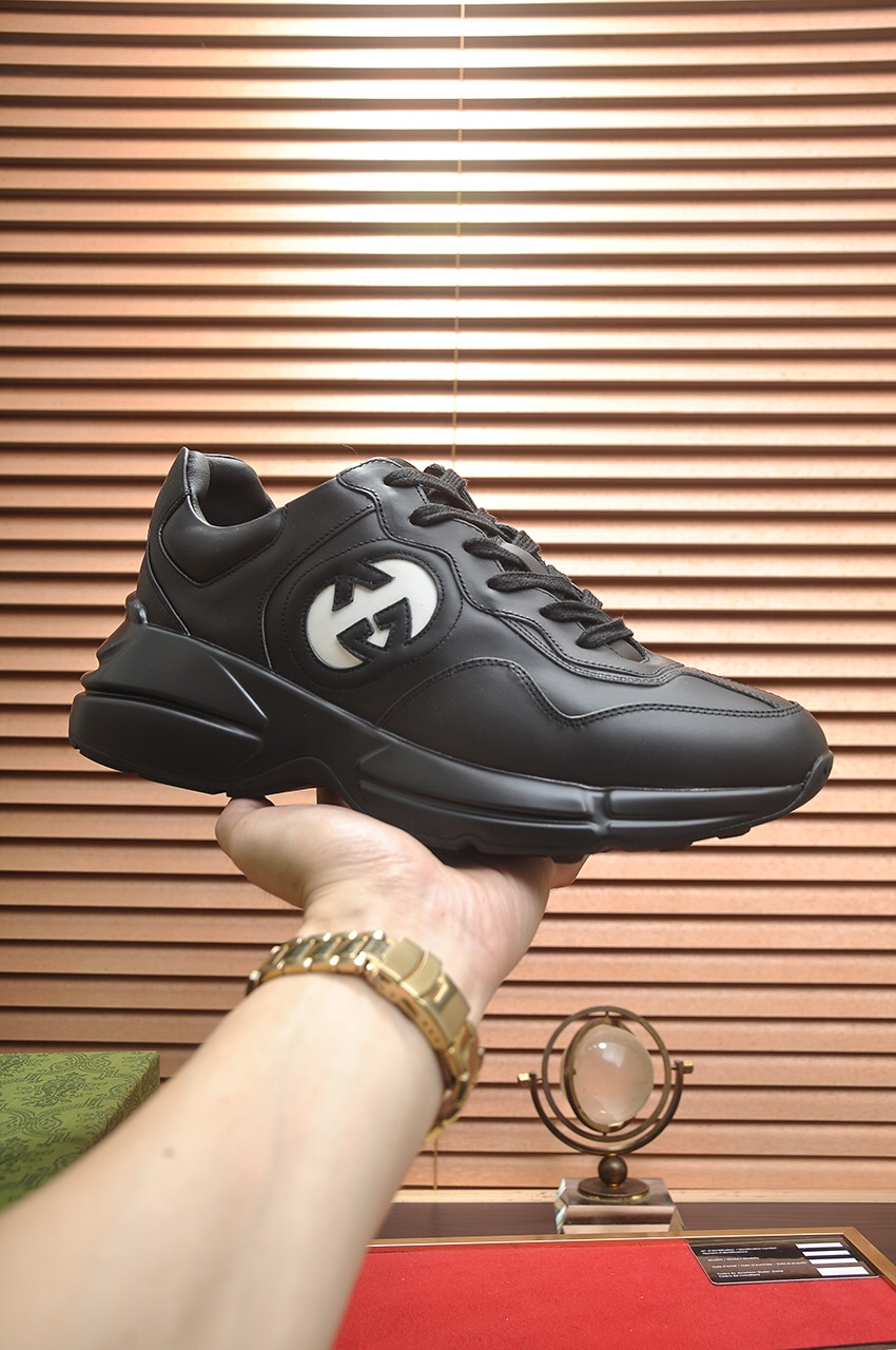 Gucci一比一男鞋 黑色厚底LOGO設計潮鞋 百搭時尚鞋款