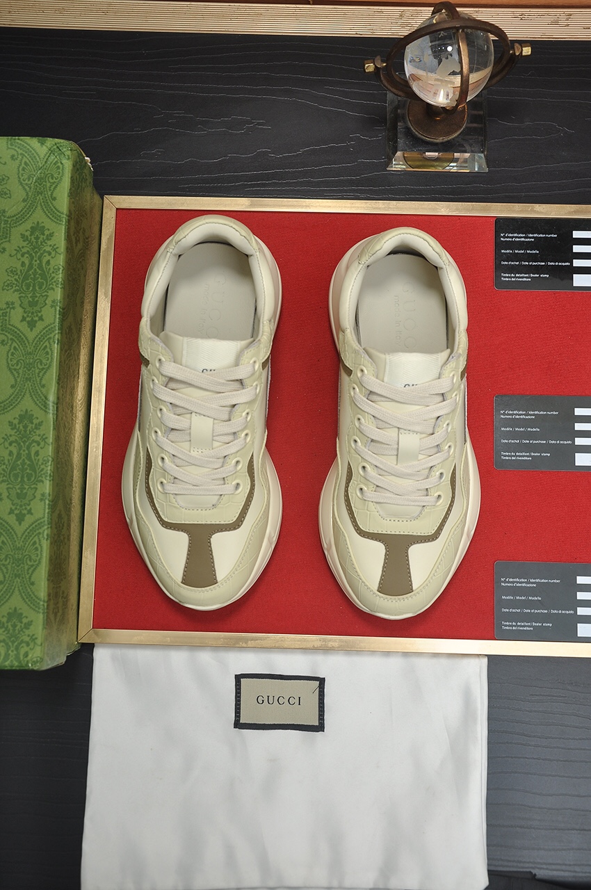 Gucci一比一男鞋 奶油鱷魚紋拼皮厚底鞋 經典運動老爹鞋款｜歐美奢侈品精品推薦