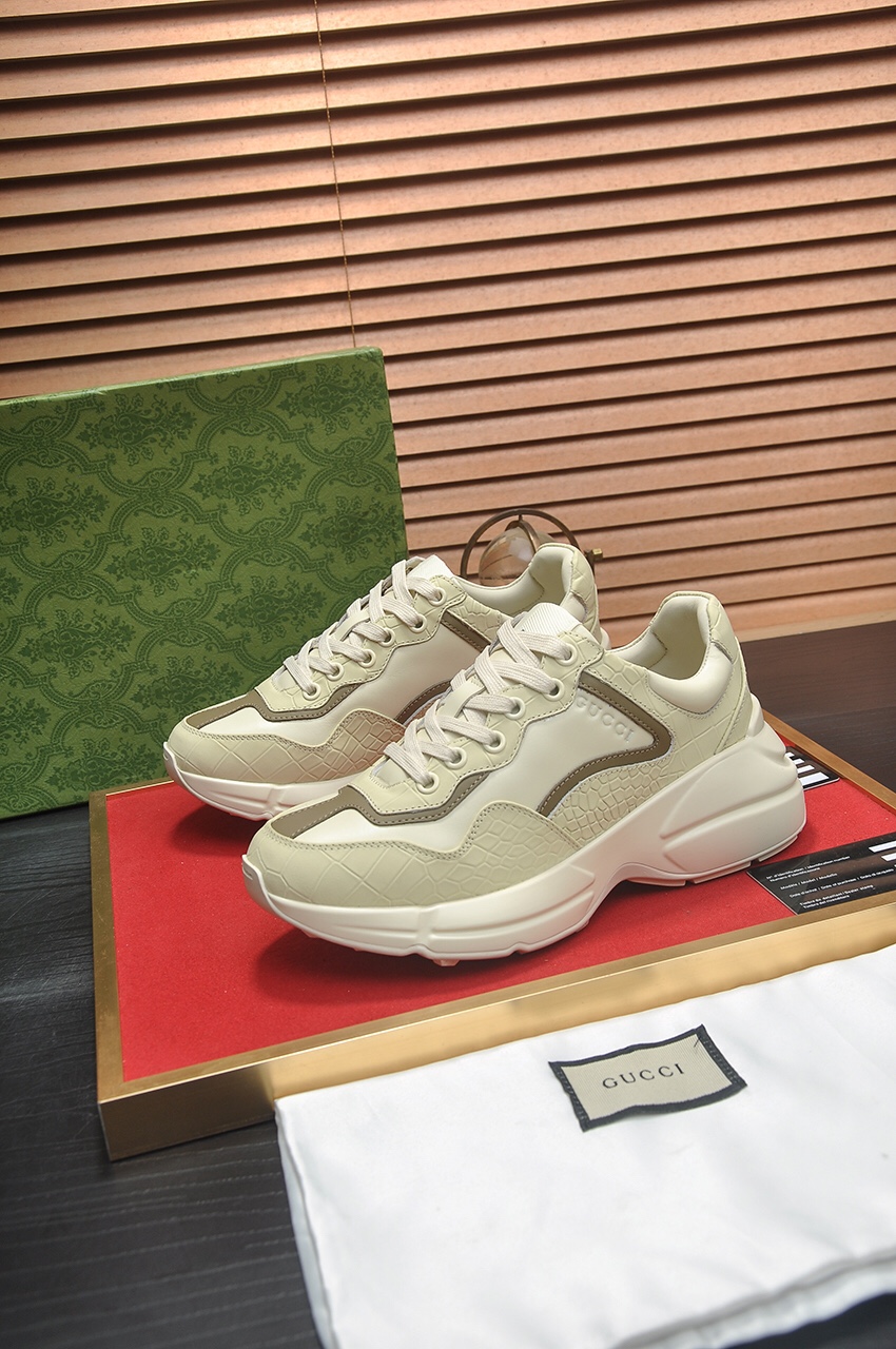 Gucci一比一男鞋 奶油鱷魚紋拼皮厚底鞋 經典運動老爹鞋款｜歐美奢侈品精品推薦