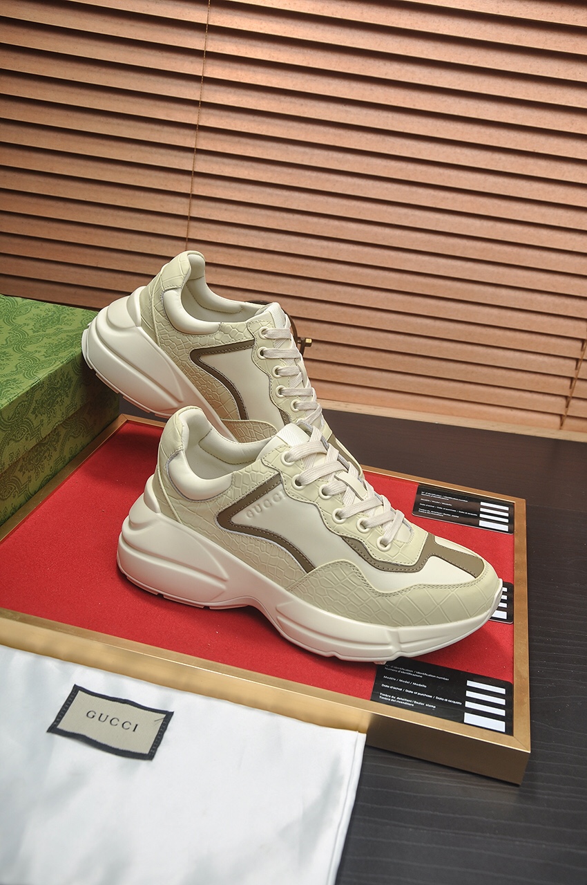Gucci一比一男鞋 奶油鱷魚紋拼皮厚底鞋 經典運動老爹鞋款｜歐美奢侈品精品推薦