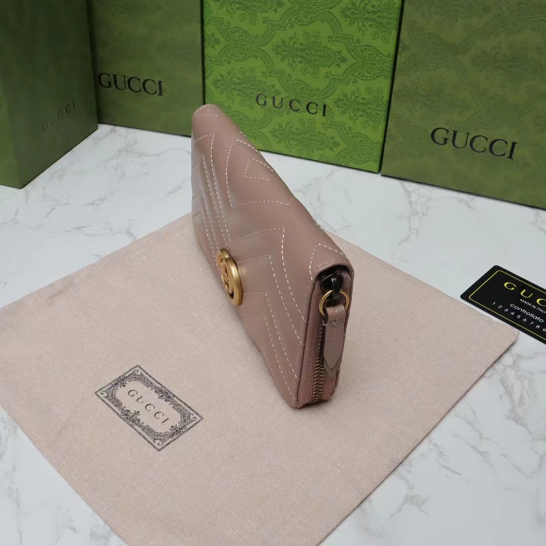 Gucci 高仿GG Marmont V型絎縫拉鍊長夾 粉棕色復古風｜歐美奢侈品精品推薦