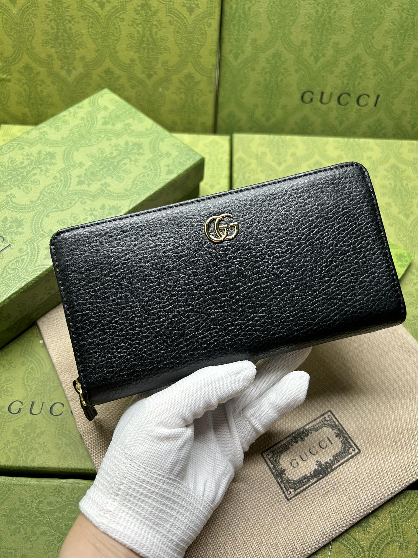 Gucci A貨GG Marmont全黑荔枝皮長夾 金屬雙G經典耐看款｜歐美奢侈品精品推薦