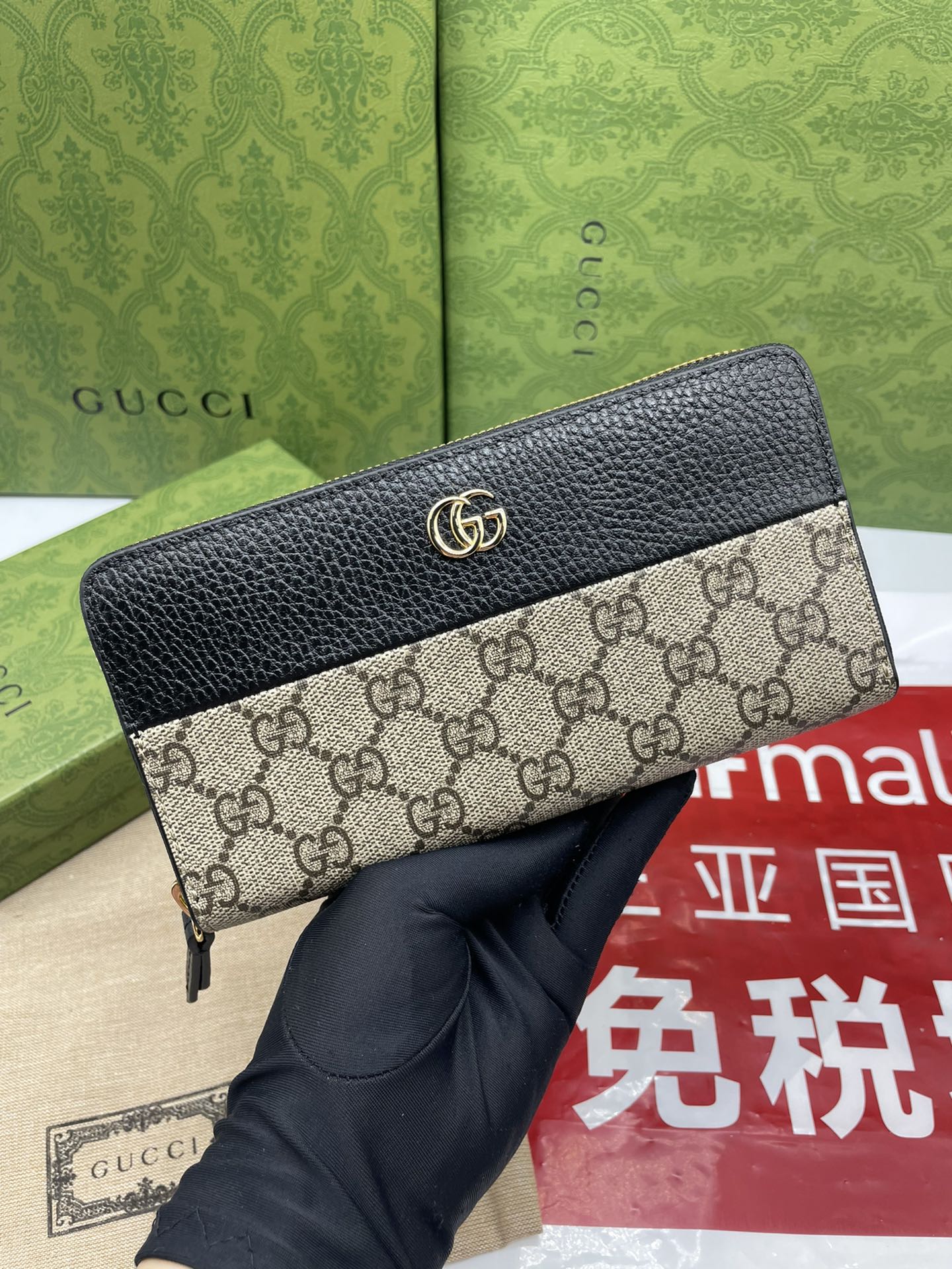 Gucci 高仿 GG Marmont黑色拼接拉鍊長夾 雙G標誌拉鍊款｜歐美奢侈品精品推薦