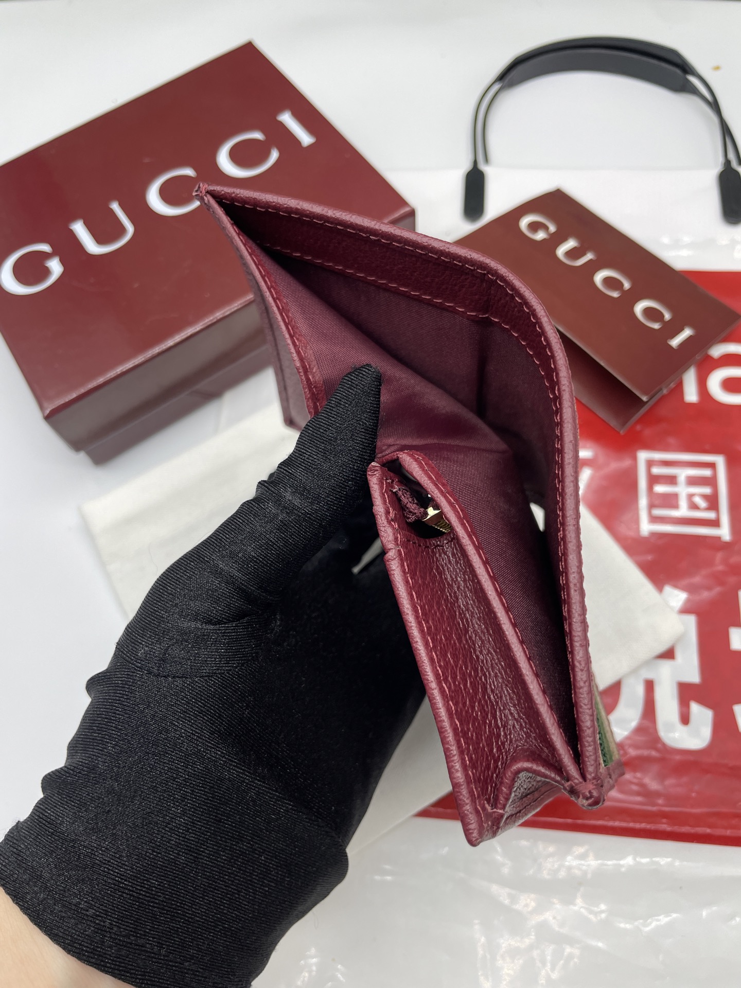 GucciA貨Ophidia老花短夾 酒紅皮革邊復古撞色亮點｜歐美奢侈品精品推薦
