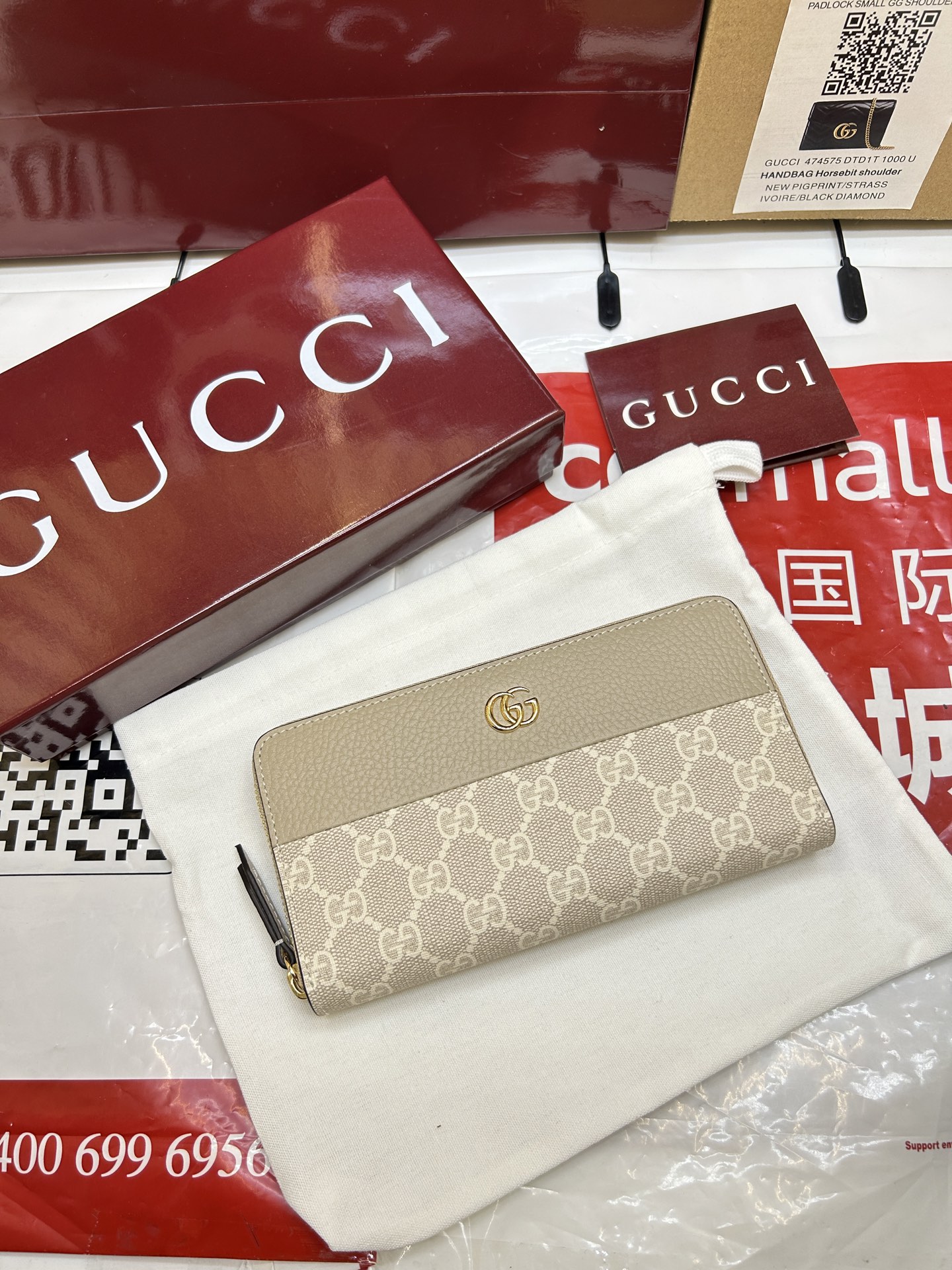 GUCCI高仿拉鍊長夾女用奶茶拼接老花經典實用設計