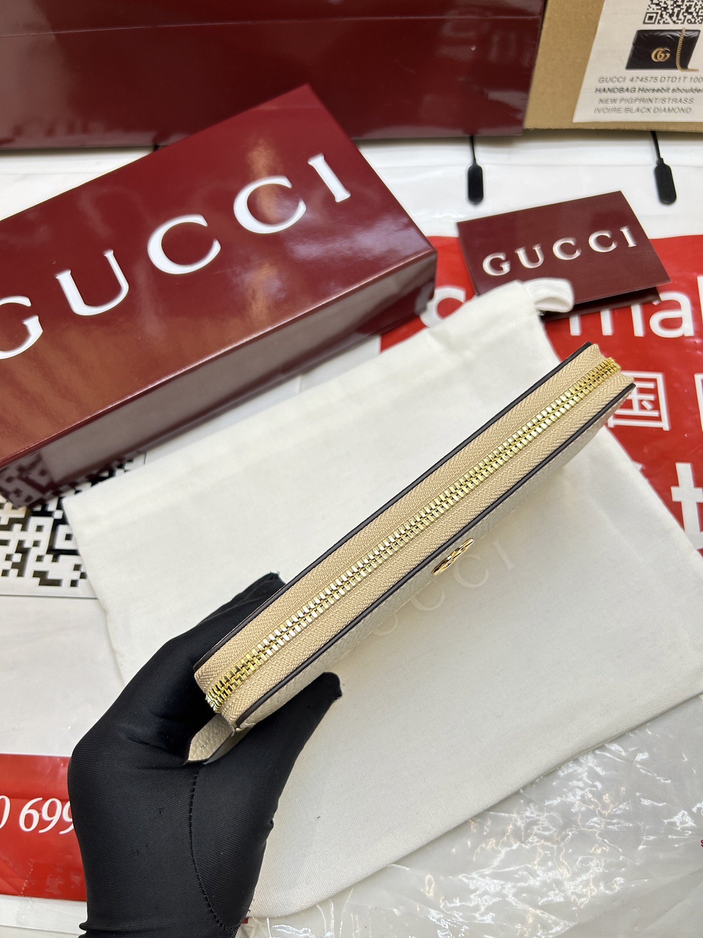 GUCCI高仿拉鍊長夾女用奶茶拼接老花經典實用設計｜歐美奢侈品精品推薦