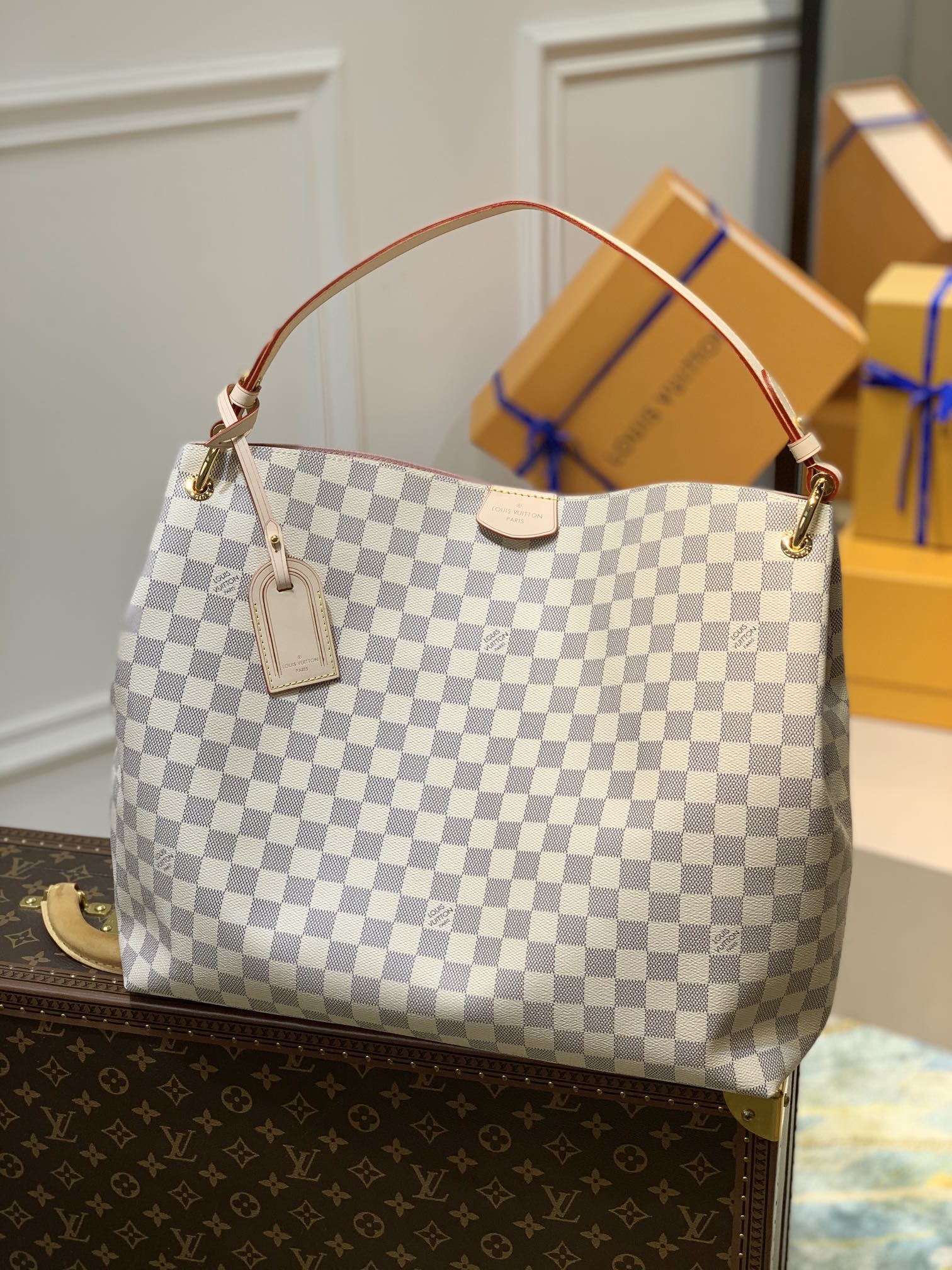 LV A貨Graceful MM白棋盤格肩背包 女款輕奢百搭精品