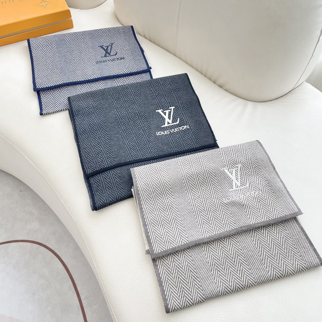 LV原單圍巾男款人字紋灰白刺繡LOGO都會風格