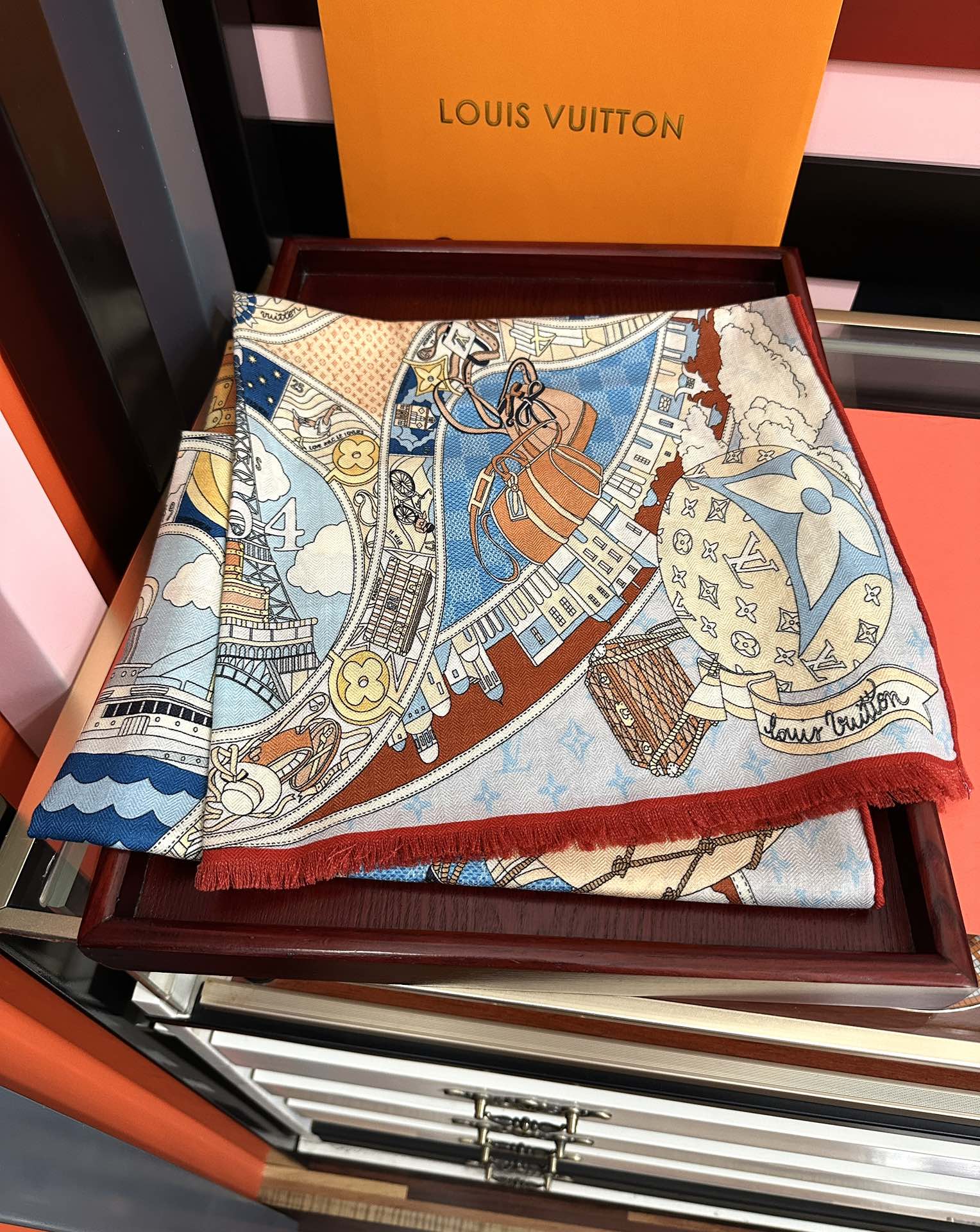 LV原單絲巾女款城市地圖印花藍紅拼色輕薄百搭