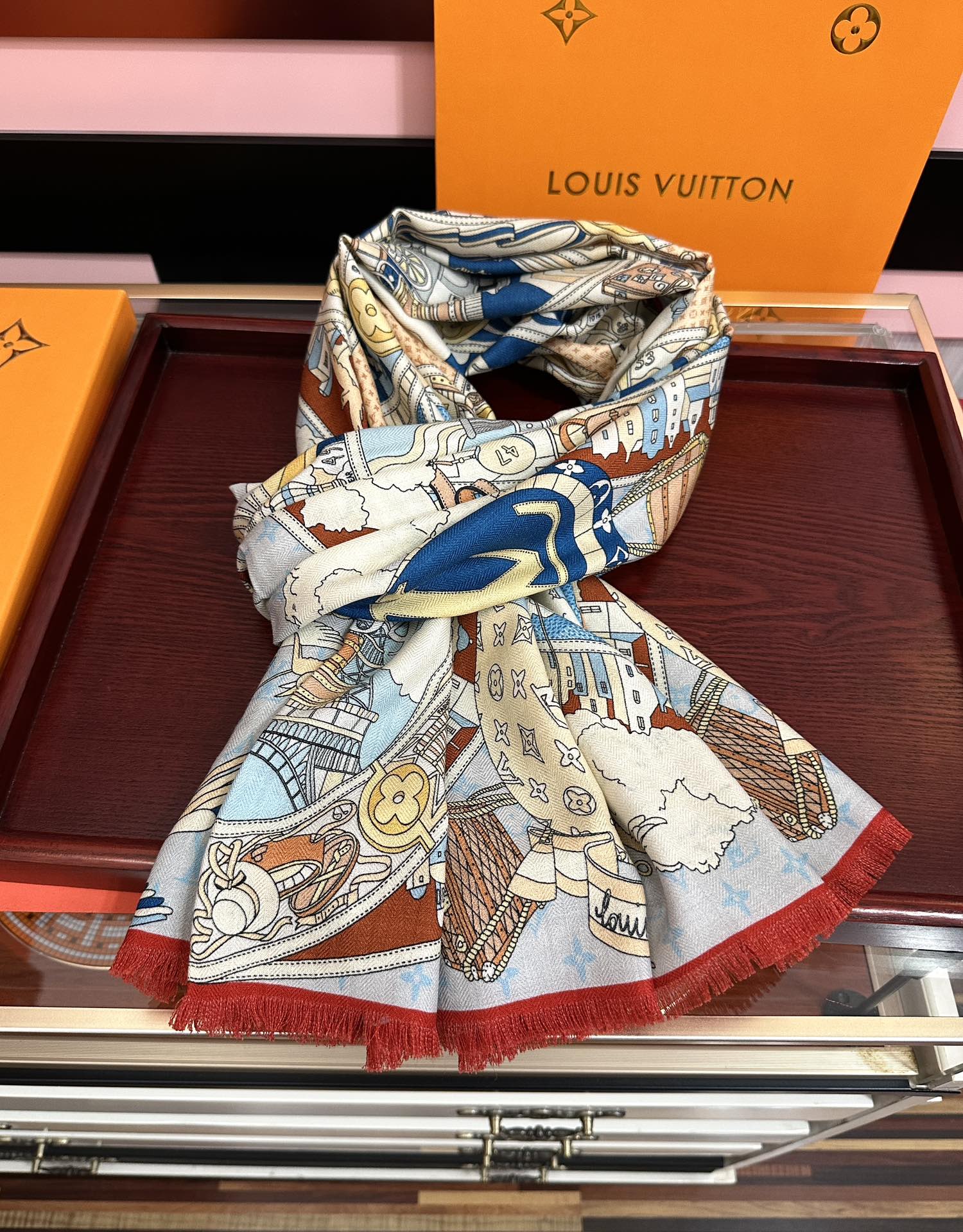 LV原單絲巾女款城市地圖印花藍紅拼色輕薄百搭｜歐美奢侈品精品推薦