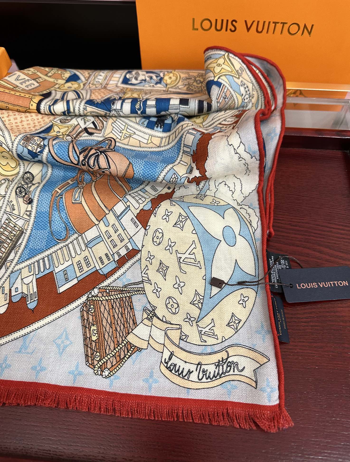 LV原單絲巾女款城市地圖印花藍紅拼色輕薄百搭｜歐美奢侈品精品推薦
